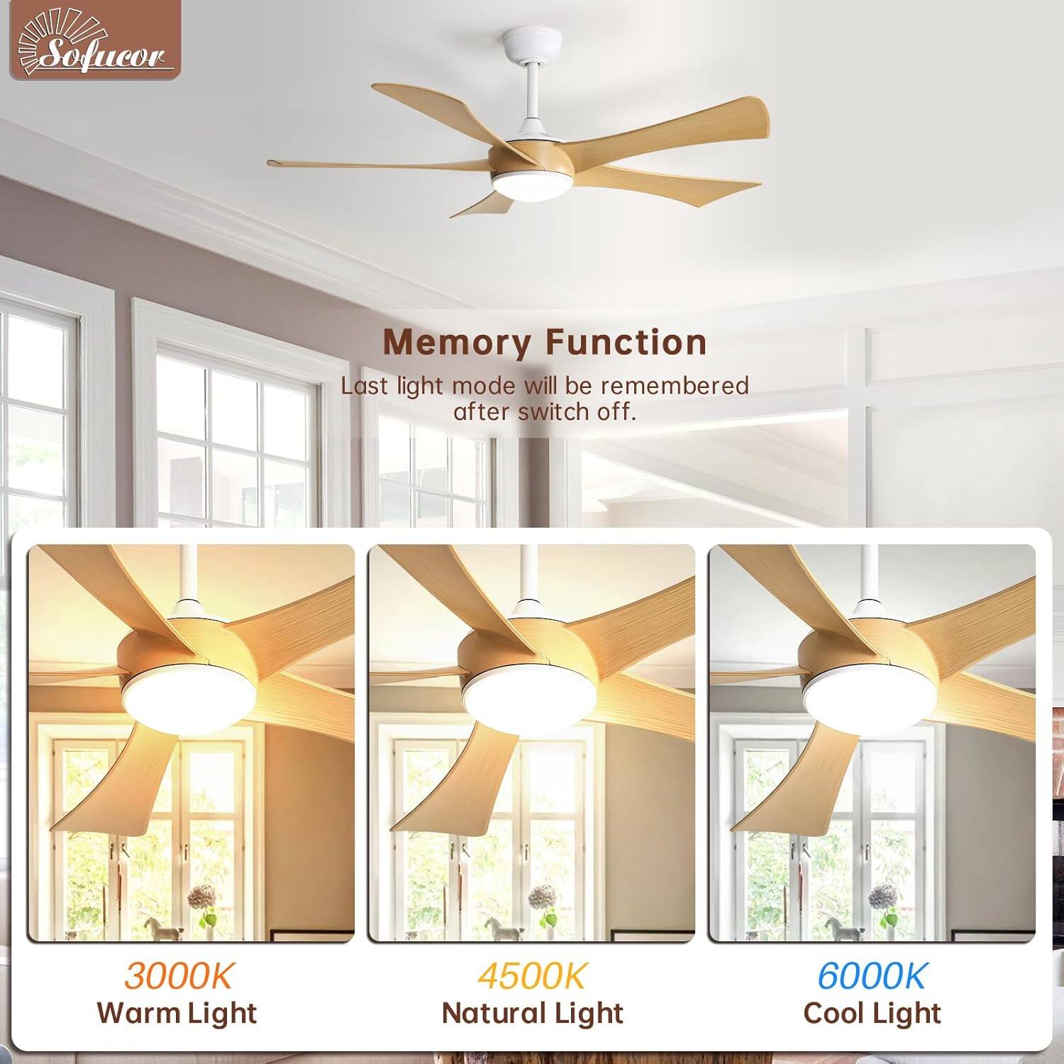 Memory Function  
Last light mode will be remembered after switch off.  

3000K Warm Light  
4500K Natural Light  
6000K Cool Light