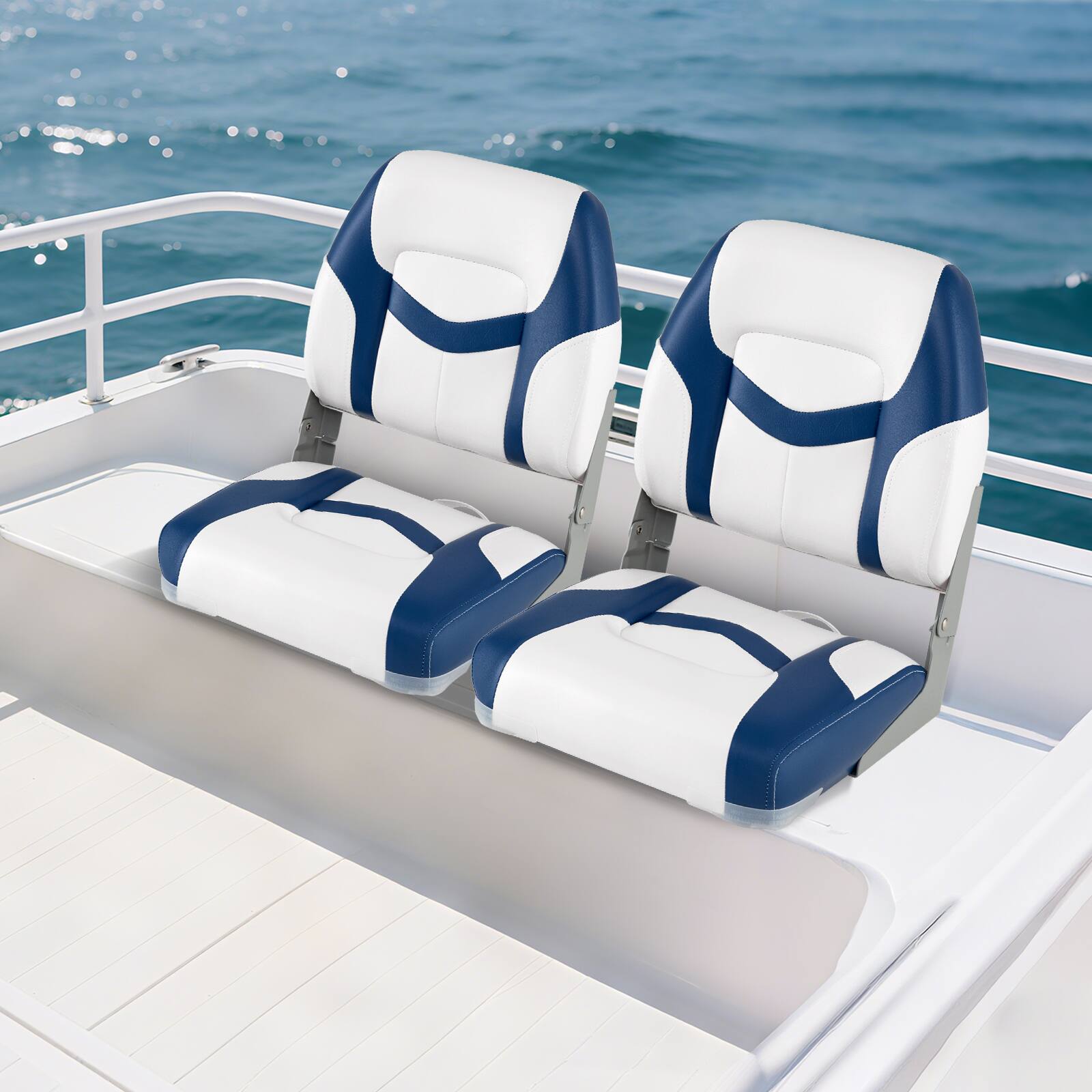Alt View 1. Gymax - Gymax 2-Pack Boat Seats Folding Low Back Boat Chairs w/ Sponge Padding Fixing Bolts Blue & White - Blue.
