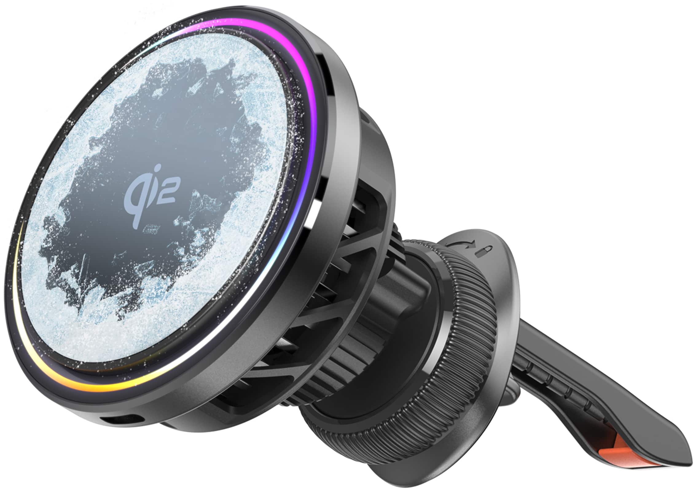 Front. MINIX - Qi2 15W MagSafe Car Mount Charger w/ Ice Cooling, RGB Light Show, Air Vent Wireless Charging for iPhone 16/15/14/13/12 - Black.
