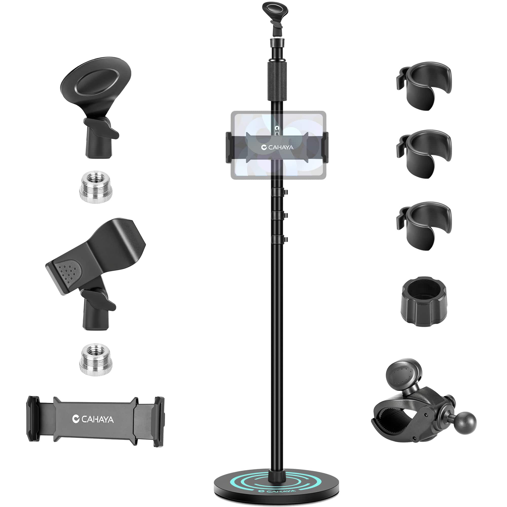 CAHAYA - Detachable Floor Mic Stand: 50"-64" Height Adjustable, Weighted Round Base, Phone Holder & 2 Clips CY005-1