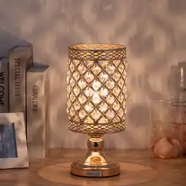 Oumilen - Golden Cylindrical Beaded Crystal Table Lamp with Metal Base & UL Plug, Luxury Lighting for Bedroom Study Living Room
