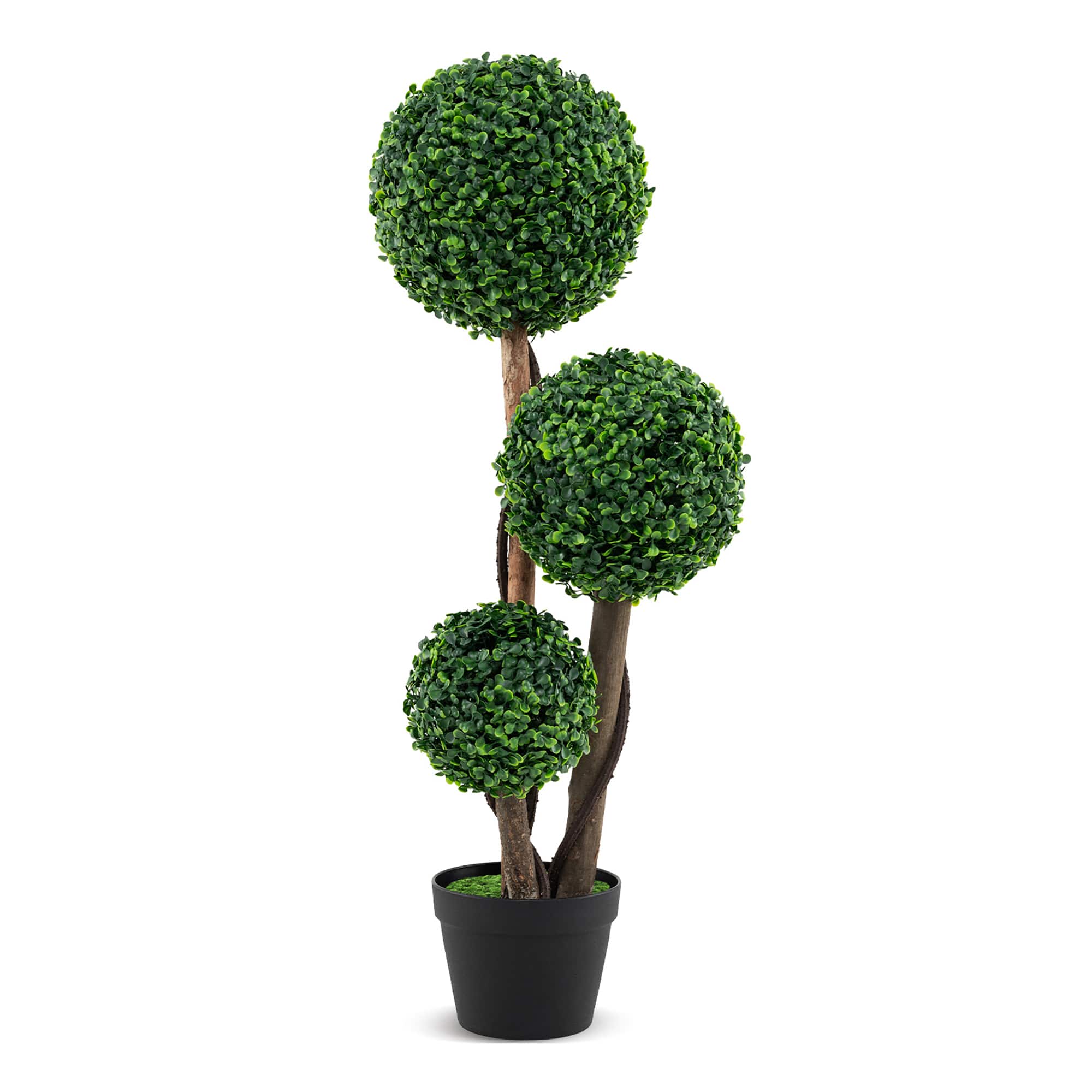 Gymax - 36'' Faux Potted Plant w/3 Topiary Balls Solid Wood Trunks Mimic Rattans & Moss - Green
