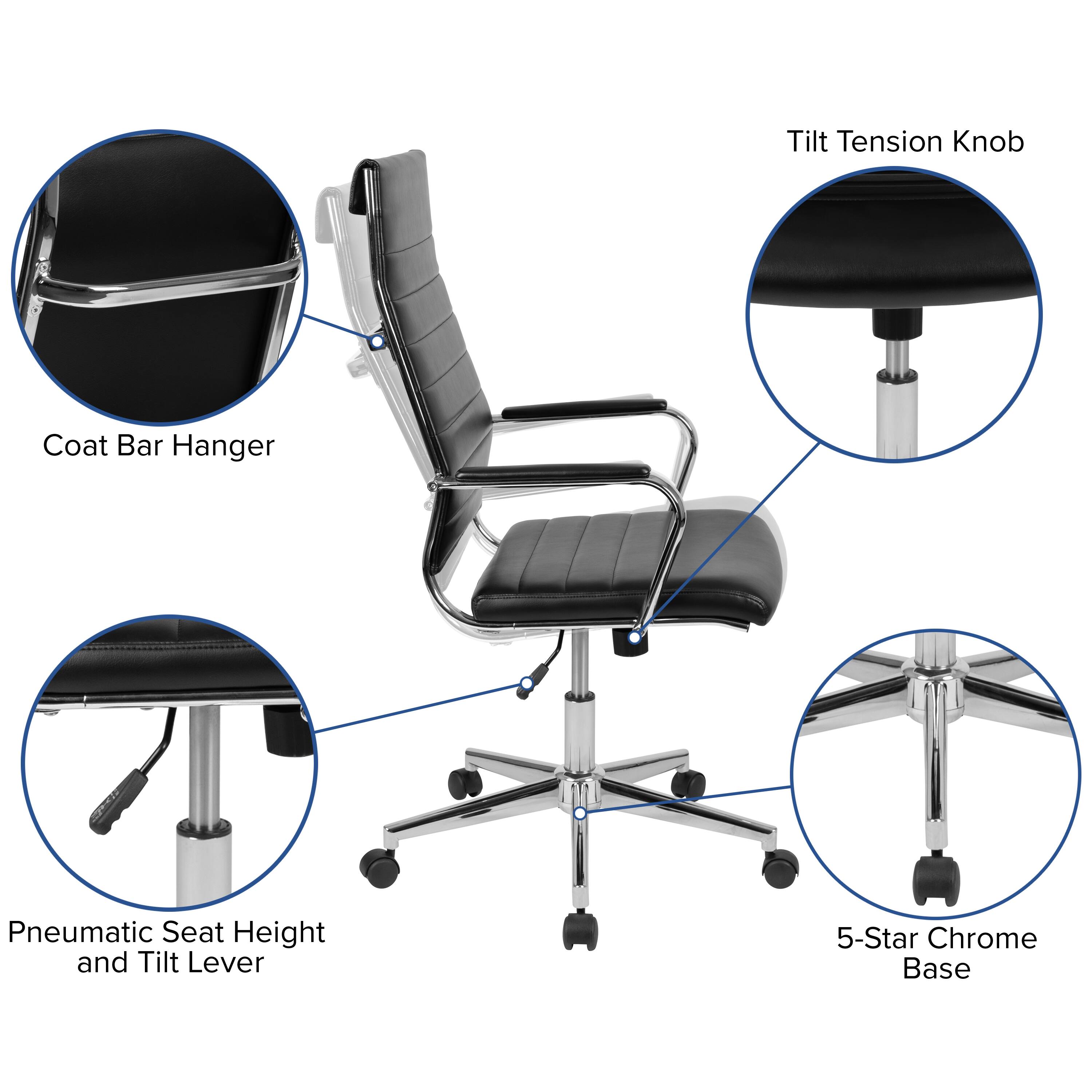 - Tilt Tension Knob
- Coat Bar Hanger
- Pneumatic Seat Height and Tilt Lever
- 5-Star Chrome Base