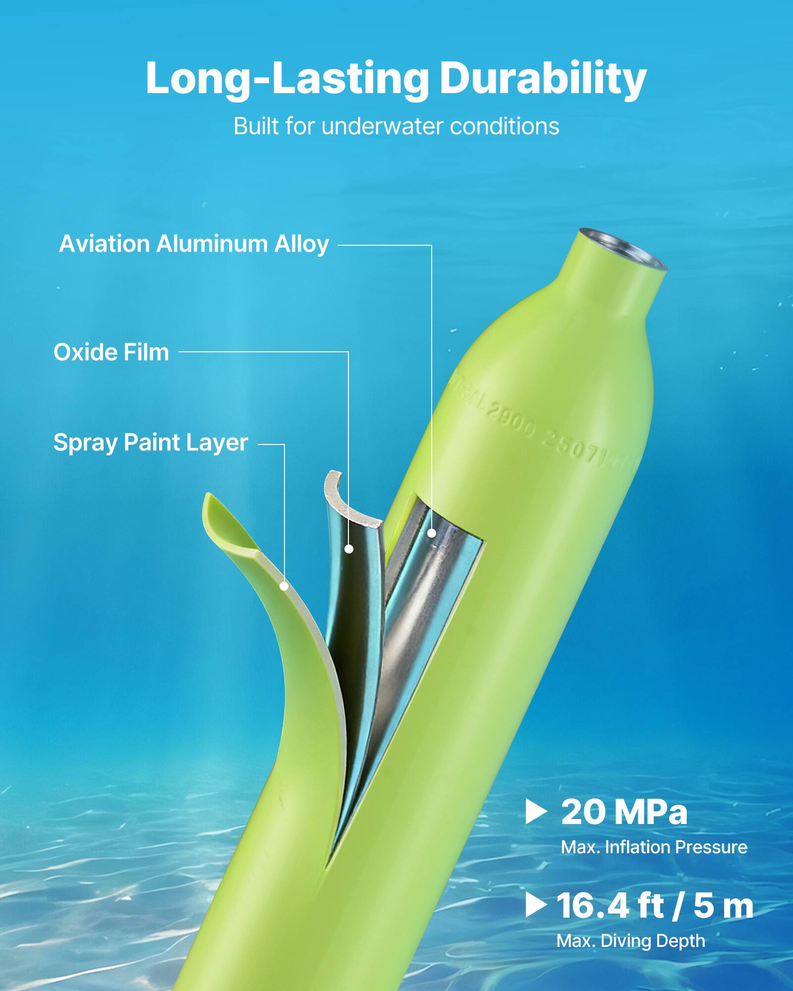 Long-Lasting Durability  
Built for underwater conditions  

Aviation Aluminum Alloy  
Oxide Film  
Spray Paint Layer  

20 MPa  
Max. Inflation Pressure  

16.4 ft / 5 m  
Max. Diving Depth