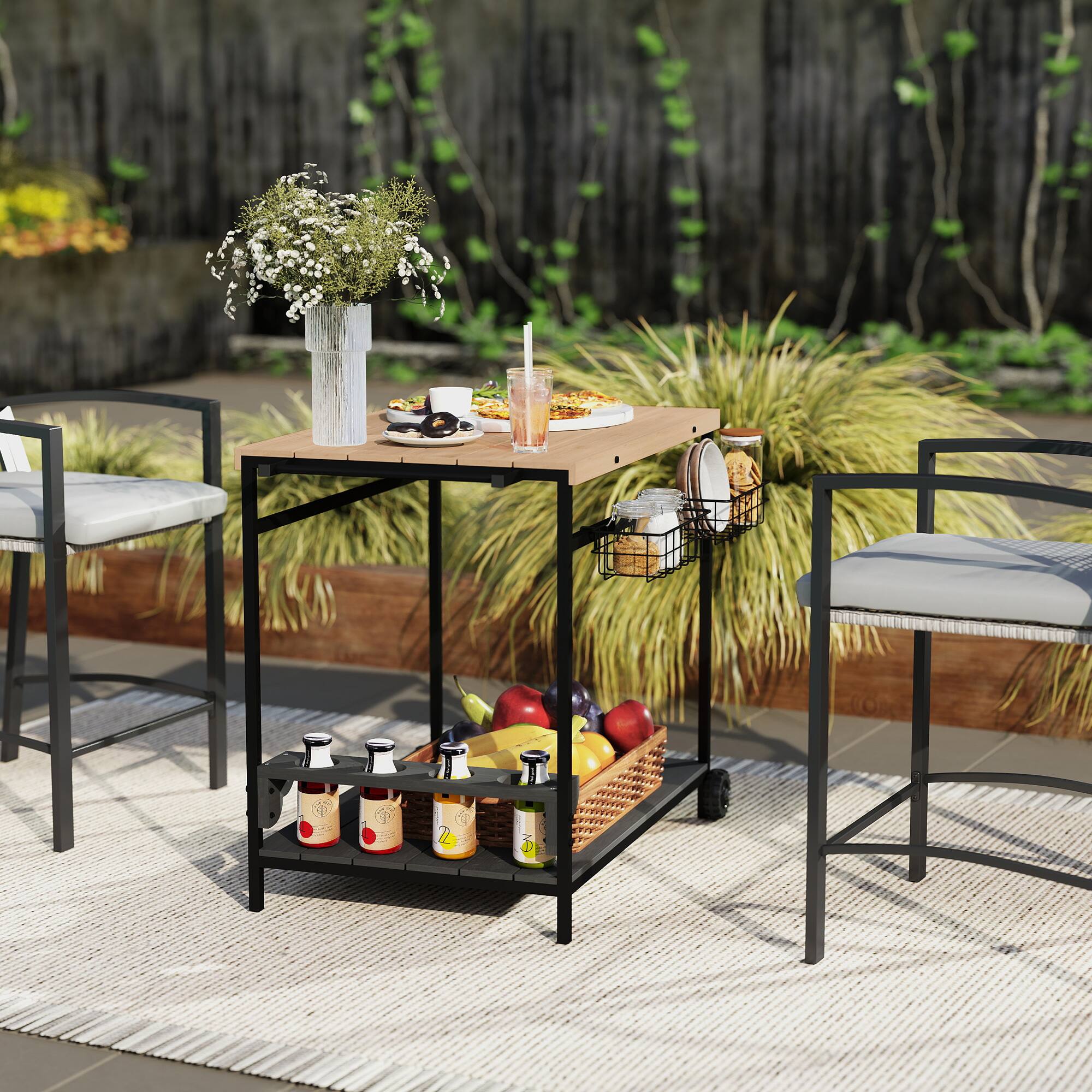 Alt View 8. Outsunny - Outdoor Bar Cart, Patio Rolling Serving Cart with Wheels, Side Handle, 2 Baskets, 4 Wine Holders for Garden - Natural Wood.
