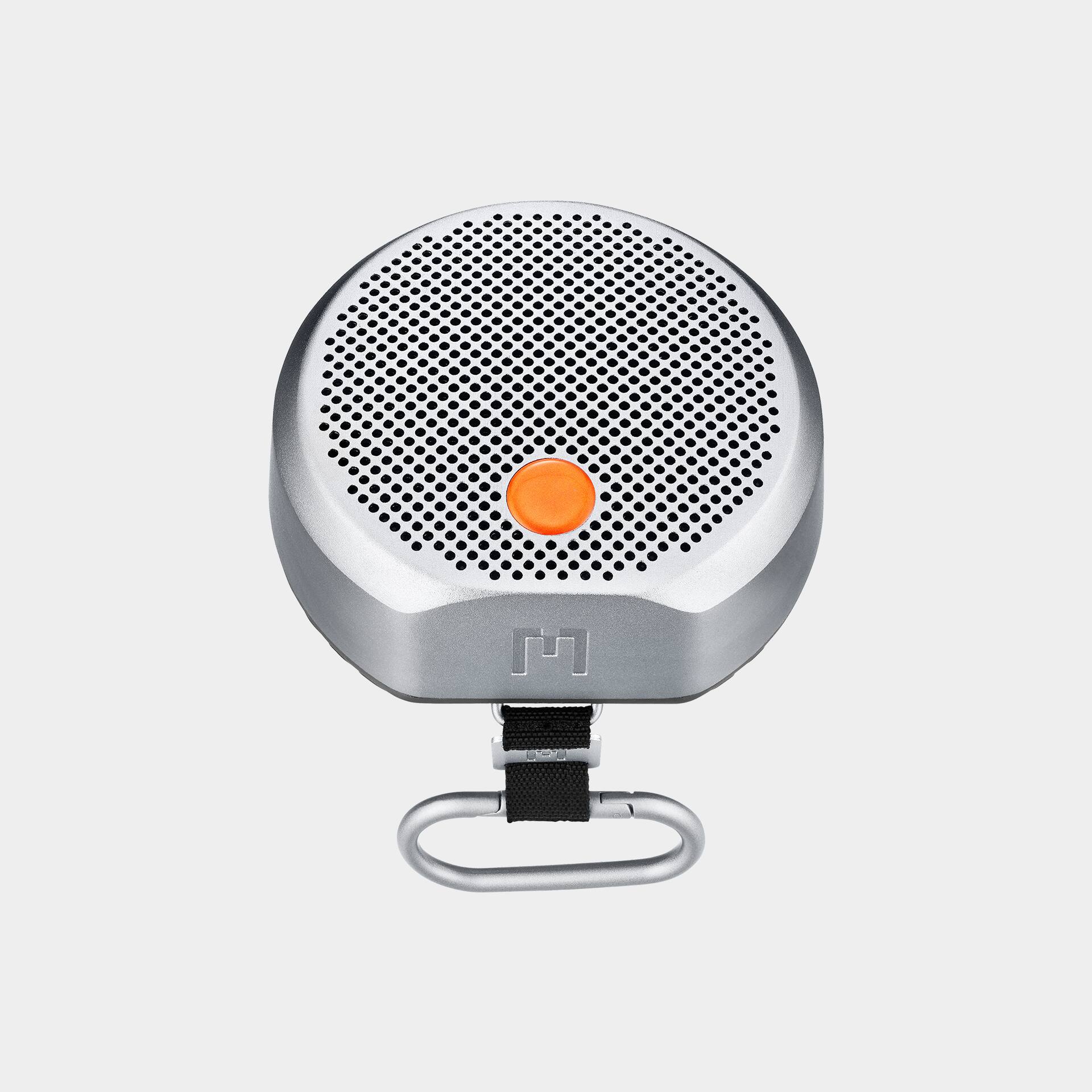 Angle. MONDO - Small Portable Bluetooth Speaker, 25W, Hi-Fi Sound, 8–10 Hour Battery - Metal grey.