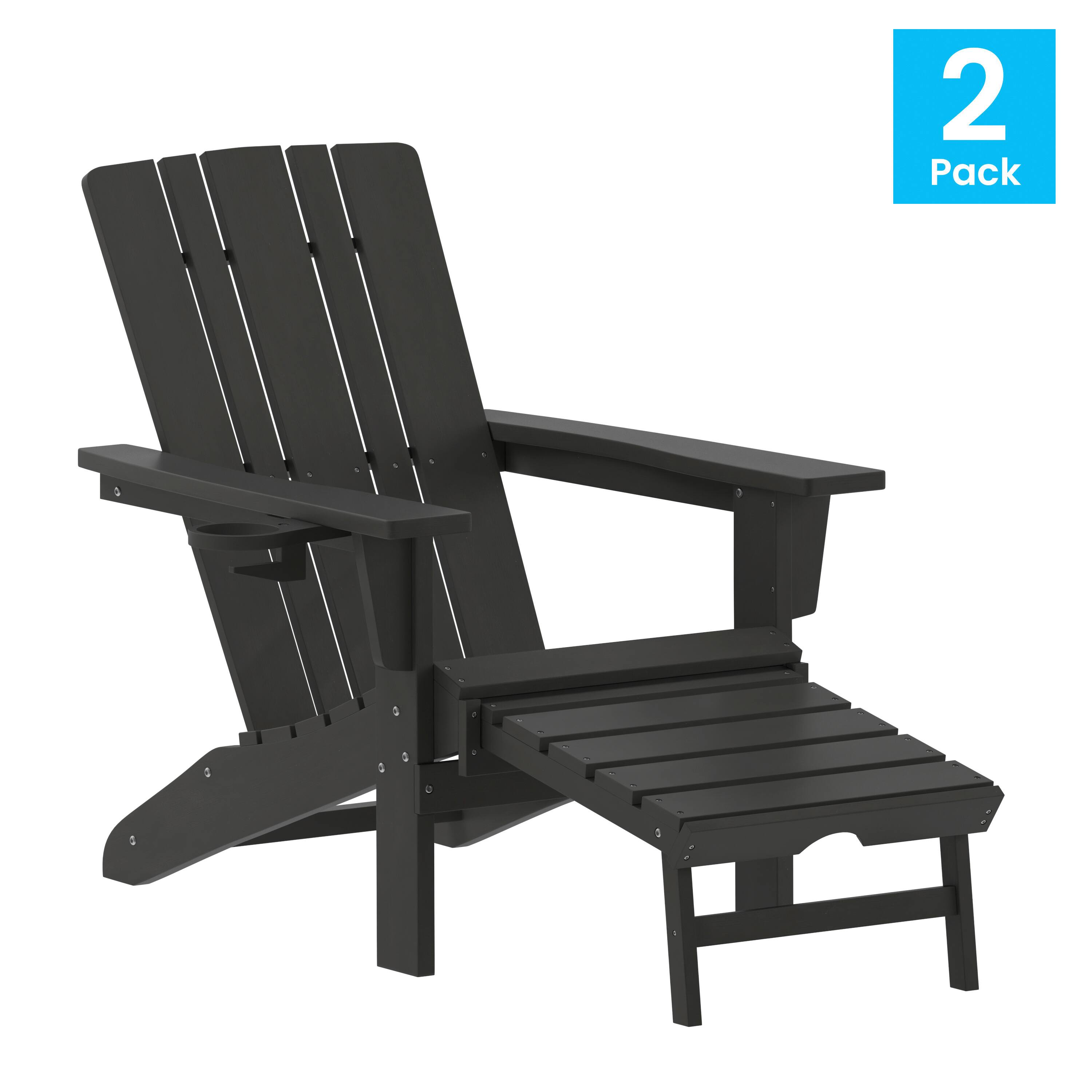 Alt View 1. Emma + Oliver - Haley Set of 2 Adirondack Chairs with Cup Holders and Pull Out Ottoman, All-Weather HDPE Indoor/Outdoor Lounge Chairs - Black.