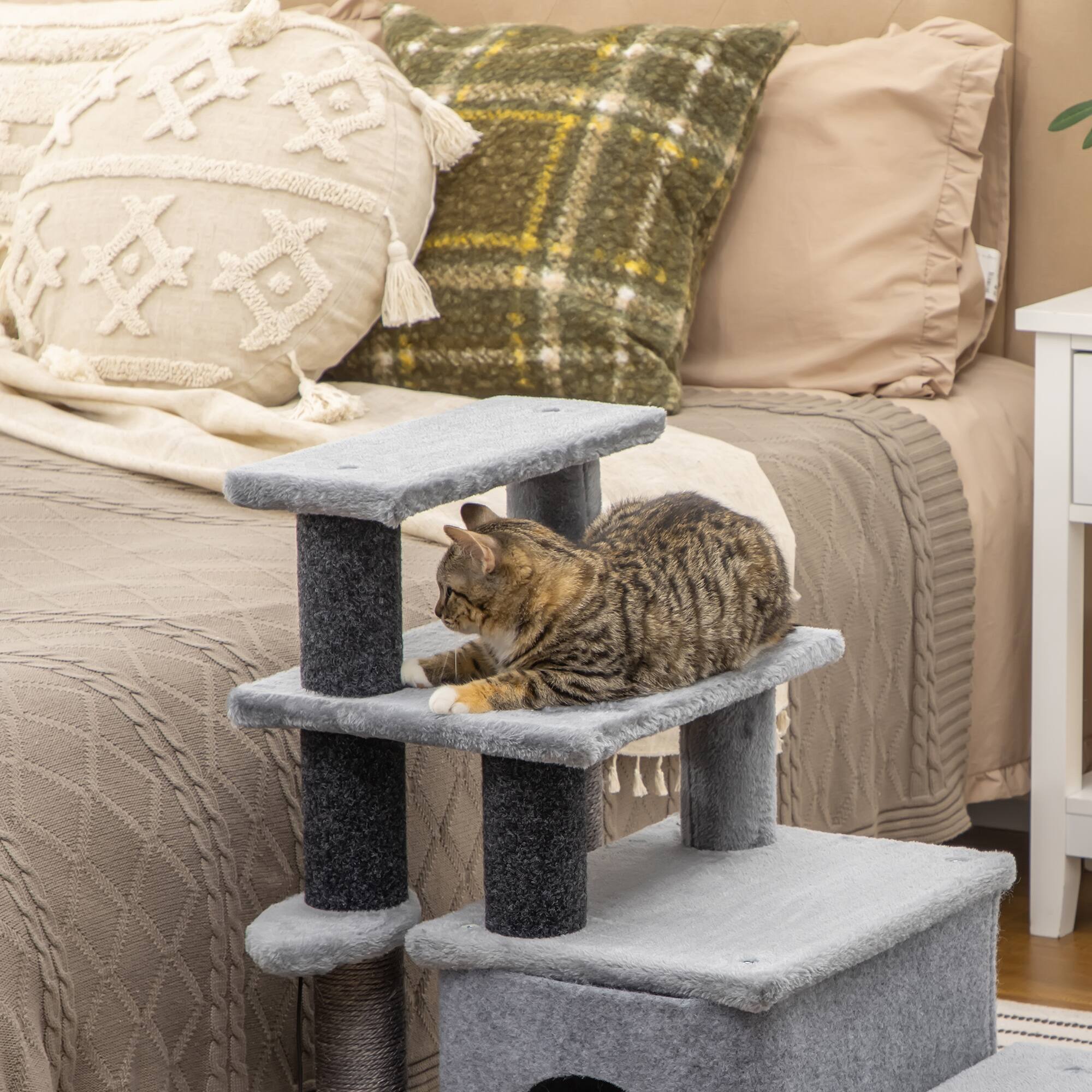 Alt View 8. Pawhut - Height 3 Step/4 Step Cat Stairs w/ Sisal Cat Scratching Post, Cat Condo, Toy Ball, for Bed, Sofa - Gray.