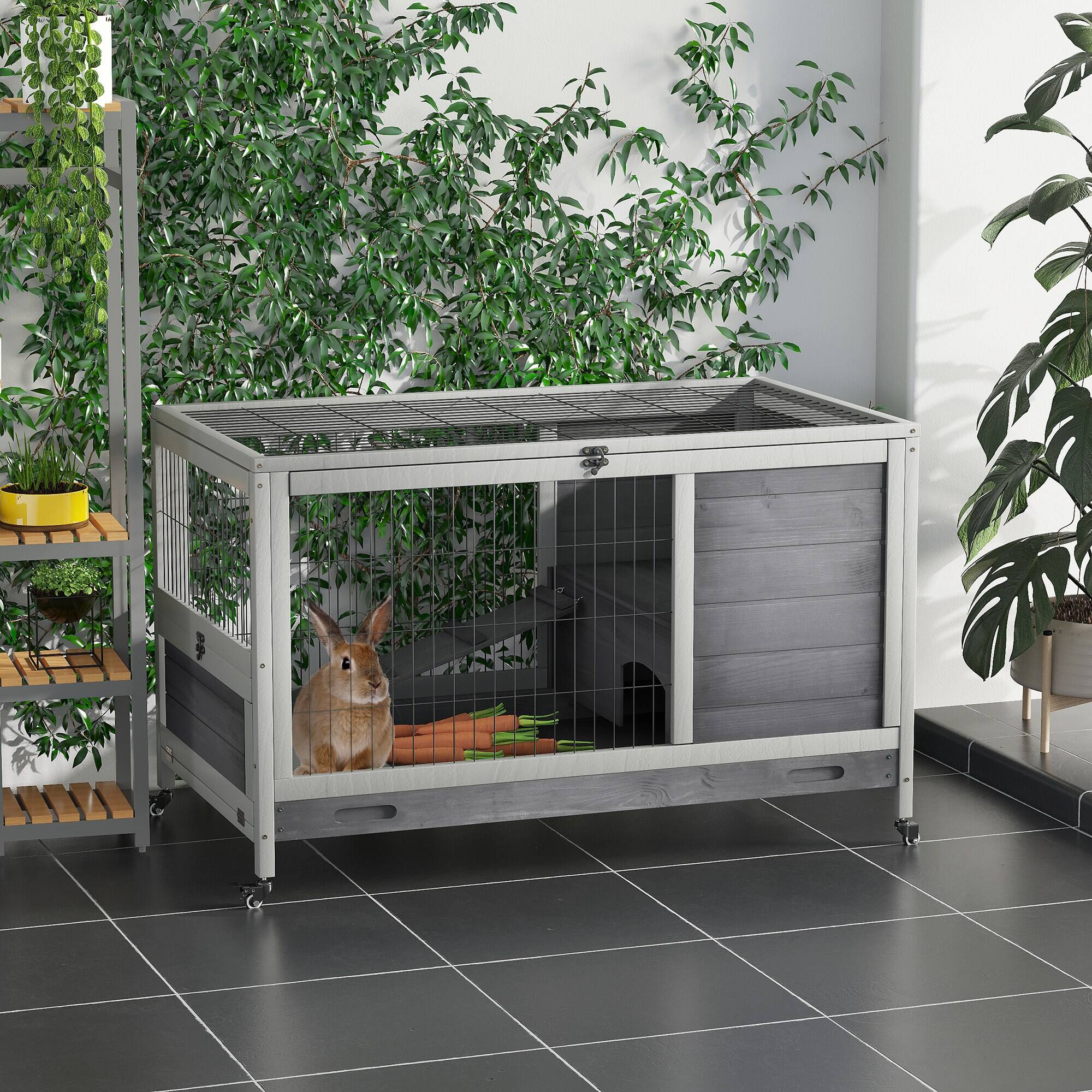 Alt View 1. Pawhut - Wooden Indoor Rabbit Hutch Elevated Cage Habitat with Enclosed Run with Wheels - Ideal for Rabbits and Guinea.