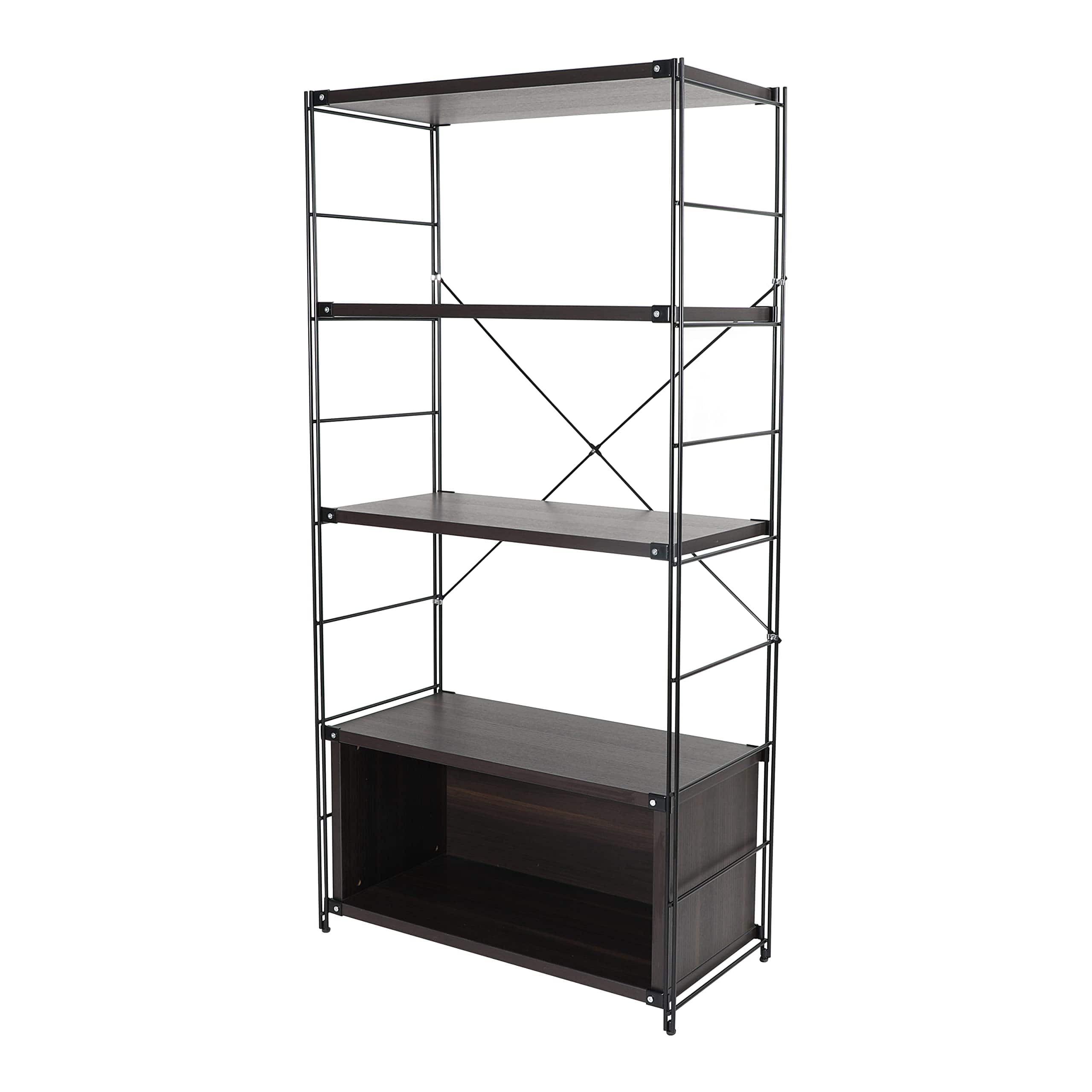 Front. LeisureMod - Etagere 4-Shelf Industrial Bookcase with Black Steel Frame and Melamine Shelves Open Storage for Living Room and Office - Dark Walnut.