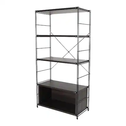 Front. LeisureMod - Etagere 4-Shelf Industrial Bookcase with Black Steel Frame and Melamine Shelves Open Storage for Living Room and Office - Dark Walnut.