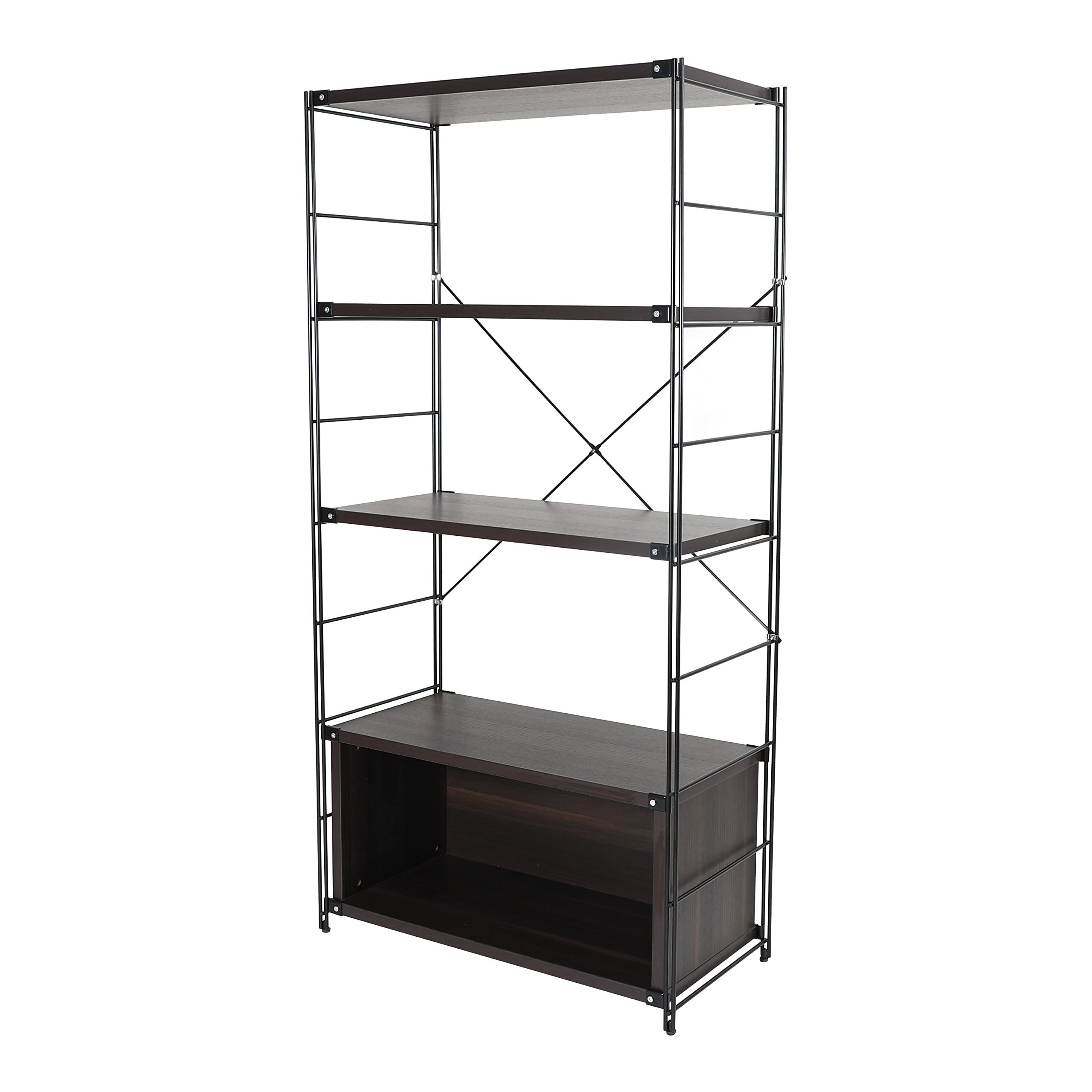 Front. LeisureMod - Etagere 4-Shelf Industrial Bookcase with Black Steel Frame and Melamine Shelves Open Storage for Living Room and Office - Dark Walnut.