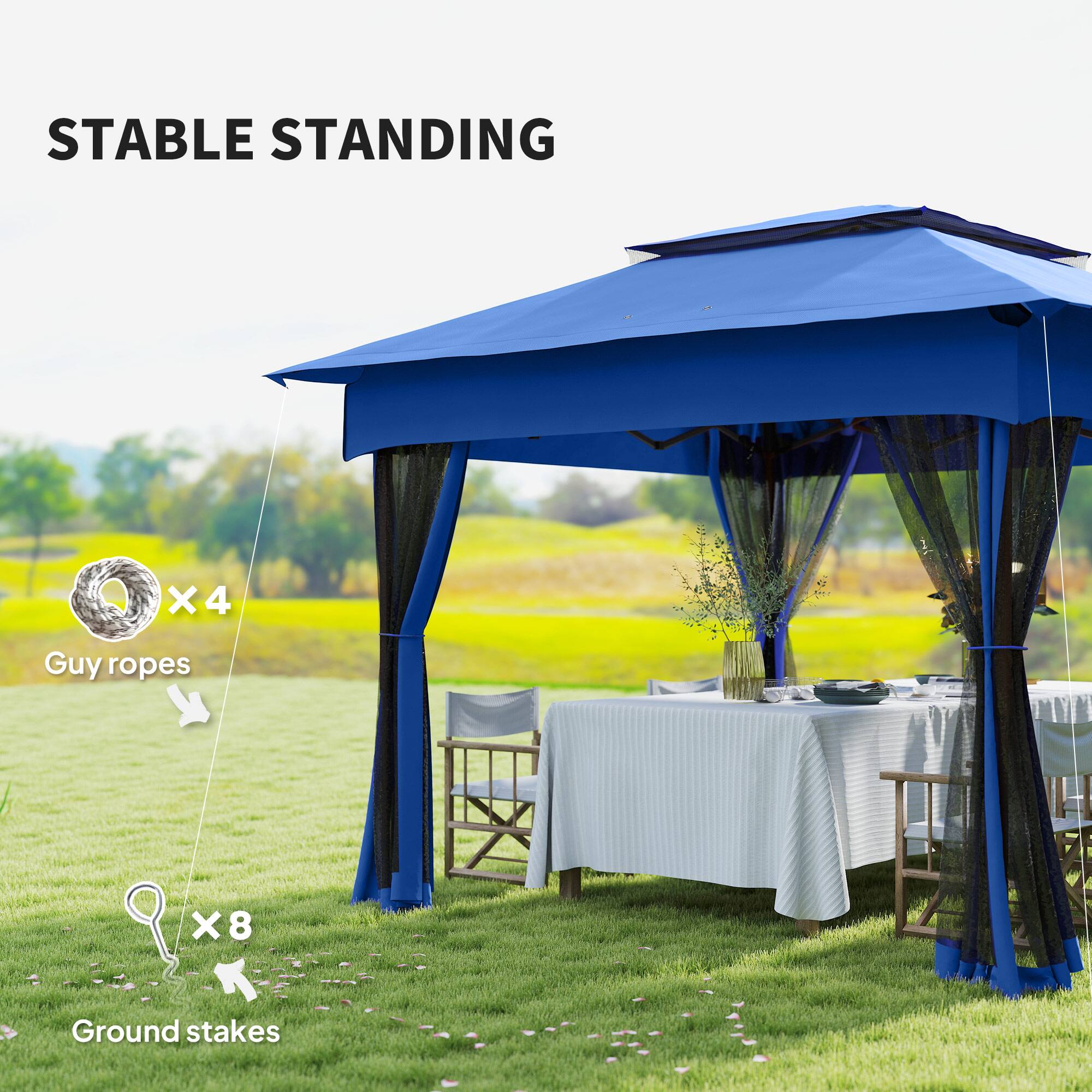 STABLE STANDING  
Guy ropes X4  
Ground stakes X8
