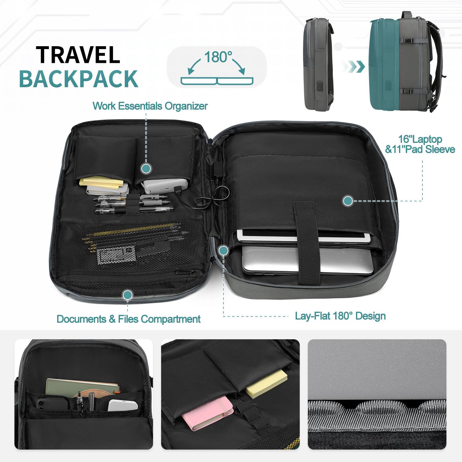 TRAVEL 180 BACKPACK  
Work Essentials Organizer  
16" Laptop & 11" Pad Sleeve  
Documents & Files Compartment  
Lay-Flat 180° Design