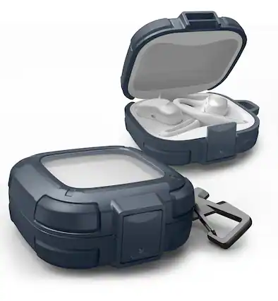 Front. Dexnor - For SHOKZ OpenFit Air Shockproof Rugged Case with Drop Proof Lock, Carabiner, Keyring, Cleaner Kit - Navy Blue.