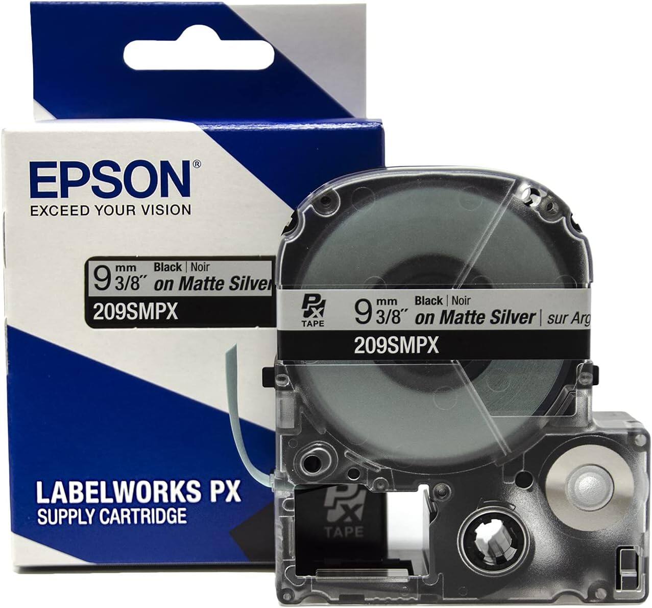 EPSON  
EXCEED YOUR VISION  

9 mm Black | Noir  
9 3/8" on Matte Silver  
209SMPX  

LABELWORKS PX  
SUPPLY CARTRIDGE  

9 mm Black | Noir  
9 3/8" on Matte Silver | sur Arg  
209SMPX