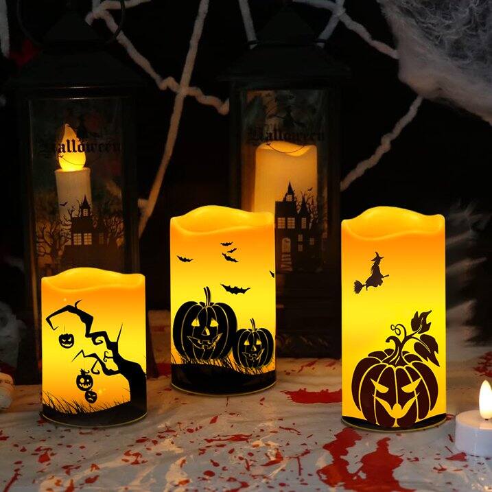 Alt View 2. MOVSSOU - Halloween Flameless Candles Flickering Remote Timer Battery Operated 3 Pumpkin Halloween Decoration - yellow.