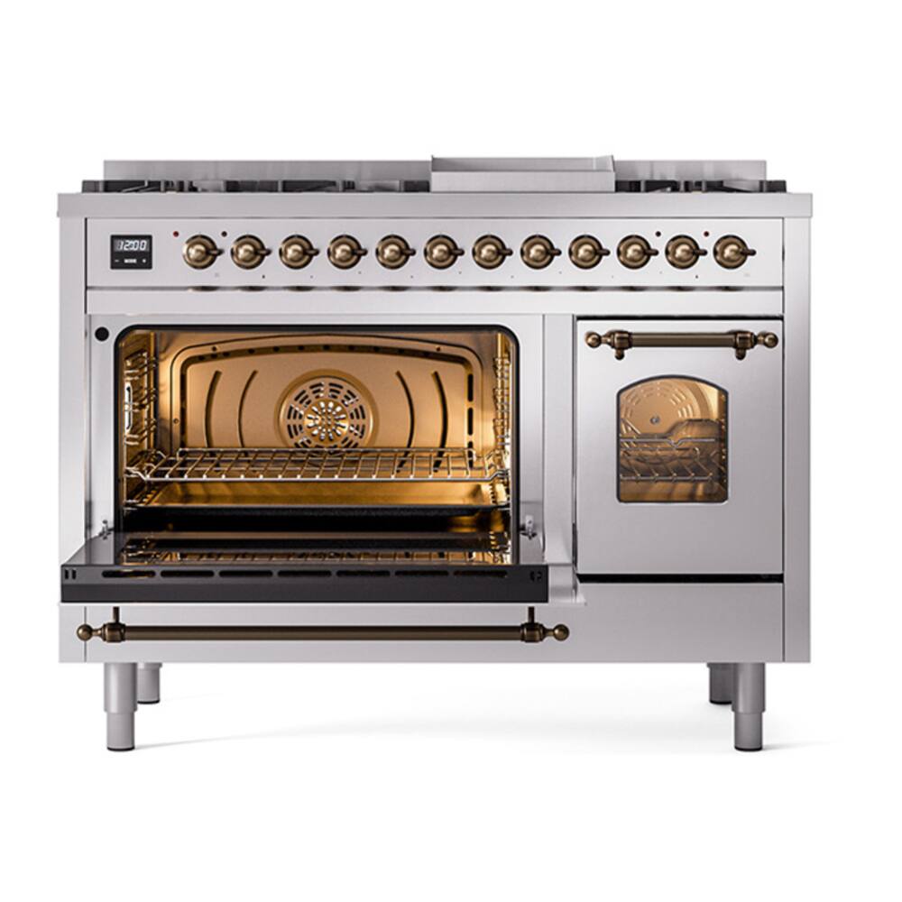 Alt View 5. ILVE - ILVE Nostalgie II Series 48 in. Dual Fuel Range with 8 Sealed Burners + Griddle (Natural Gas, Burnished Trim) - Stainless Steel.