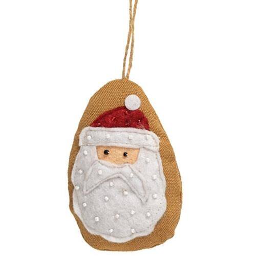 Front. BreeBe - *Beaded Santa Fabric Ornament - Brown. White, Red.