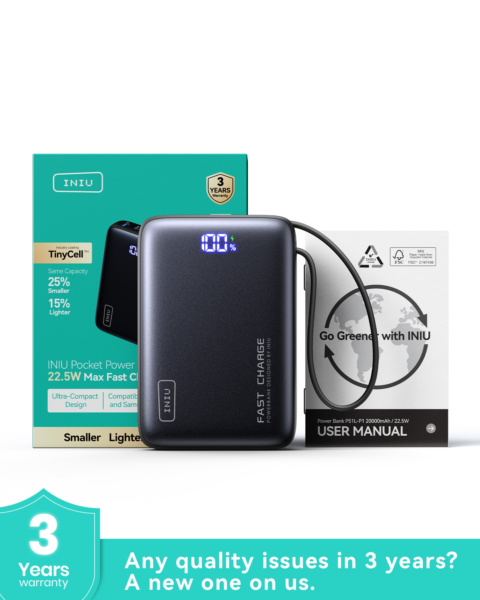 INIU
3 Years Warranty
TinyCell™
Same Capacity
25% Smaller
15% Lighter
INIU Pocket Power
22.5W Max Fast Charge
Ultra-Compact
Compatible Design and Same
Smaller Lighter
Go Greener with INIU
Power Bank P51-P1 20000mAh/22.5W
USER MANUAL
Any quality issues in 3 years?
A new one on us.