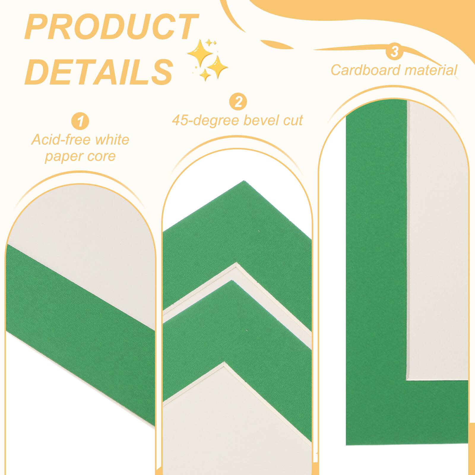 PRODUCT DETAILS

1. Acid-free white paper core

2. 45-degree bevel cut

3. Cardboard material