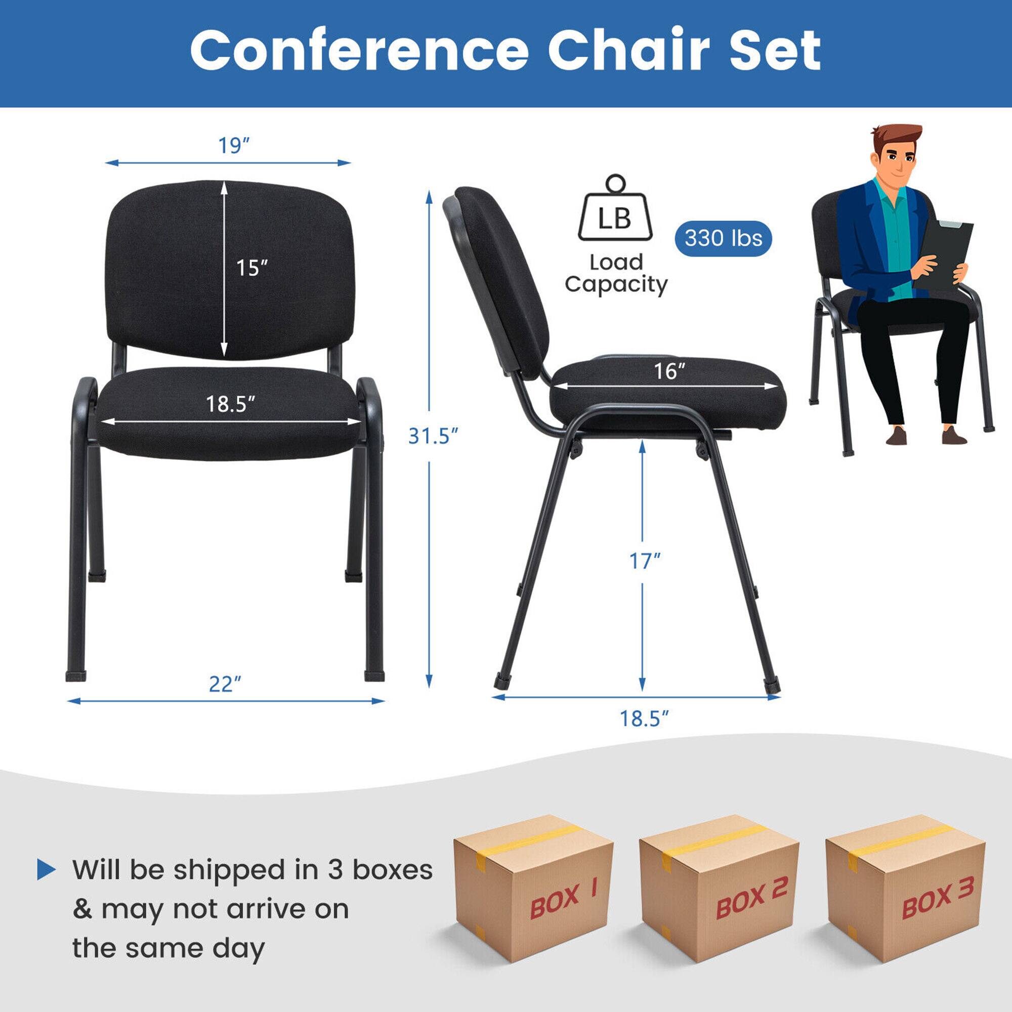 Conference Chair Set

- 19" (height of the backrest)
- 15" (depth of the backrest)
- 18.5" (width of the seat)
- 31.5" (overall height)
- 16" (depth of the seat)
- 22" (width of the base)
- 17" (height of the armrests)
- 18.5" (distance between the legs)

Load Capacity: 330 lbs

Will be shipped in 3 boxes & may not arrive on the same day

BOX 1 BOX 2 BOX 3
