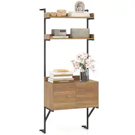 Costway - 1 PCS 71.5" Tall Ladder Shelf Narrow Wall Mounted Ladder Bookcase with Storage Cabinet - Natural + Black