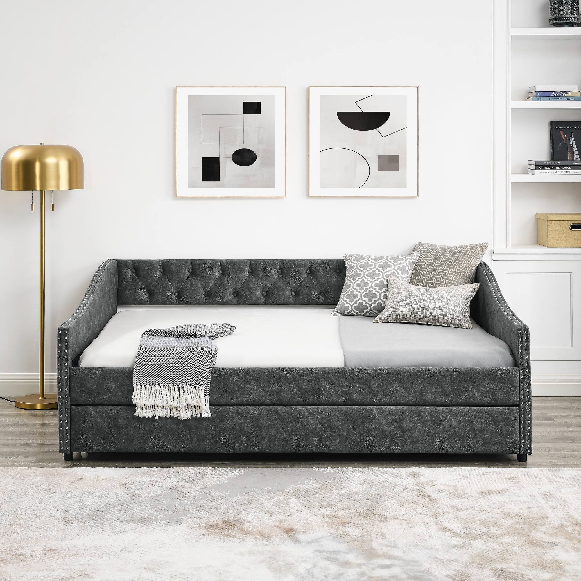 Left. Tiramisubest - Full Size Daybed with Twin Size Trundle Upholstered Tufted Sofa Bed, ,Grey (80.5"x55.5"x27.5") - Grey.