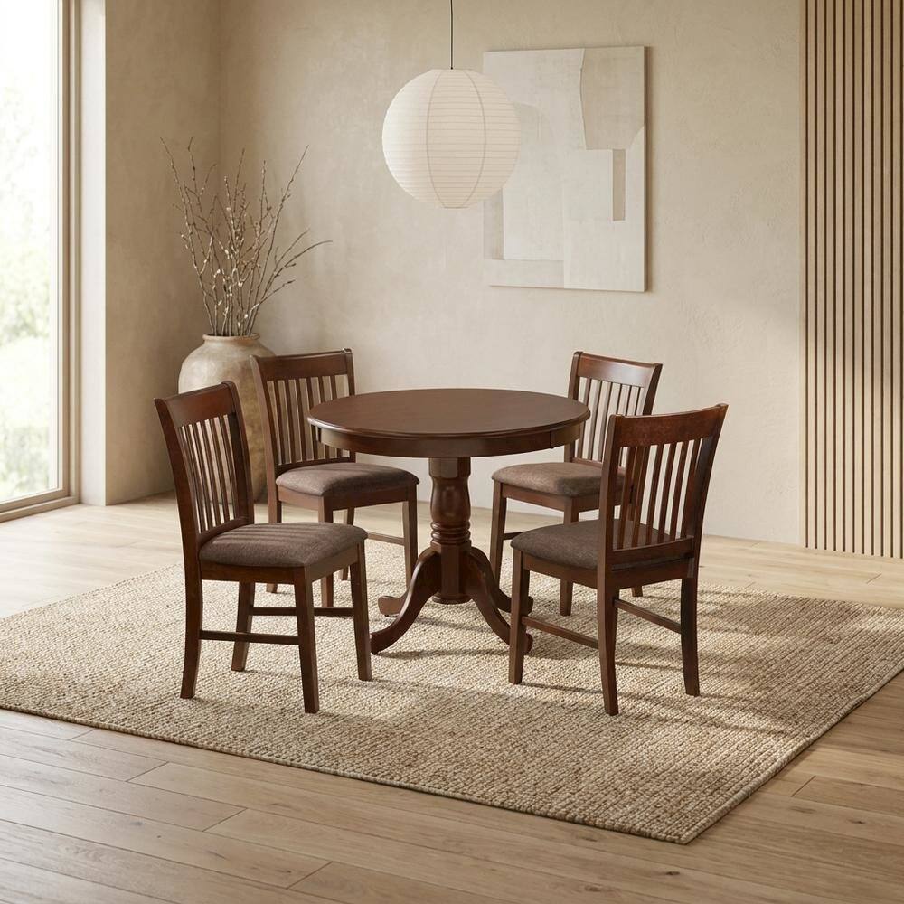 Alt View 1. FurniFact - Wood Round Pedestal Dining Table & Chairs 5-Piece Set - Mahogany.
