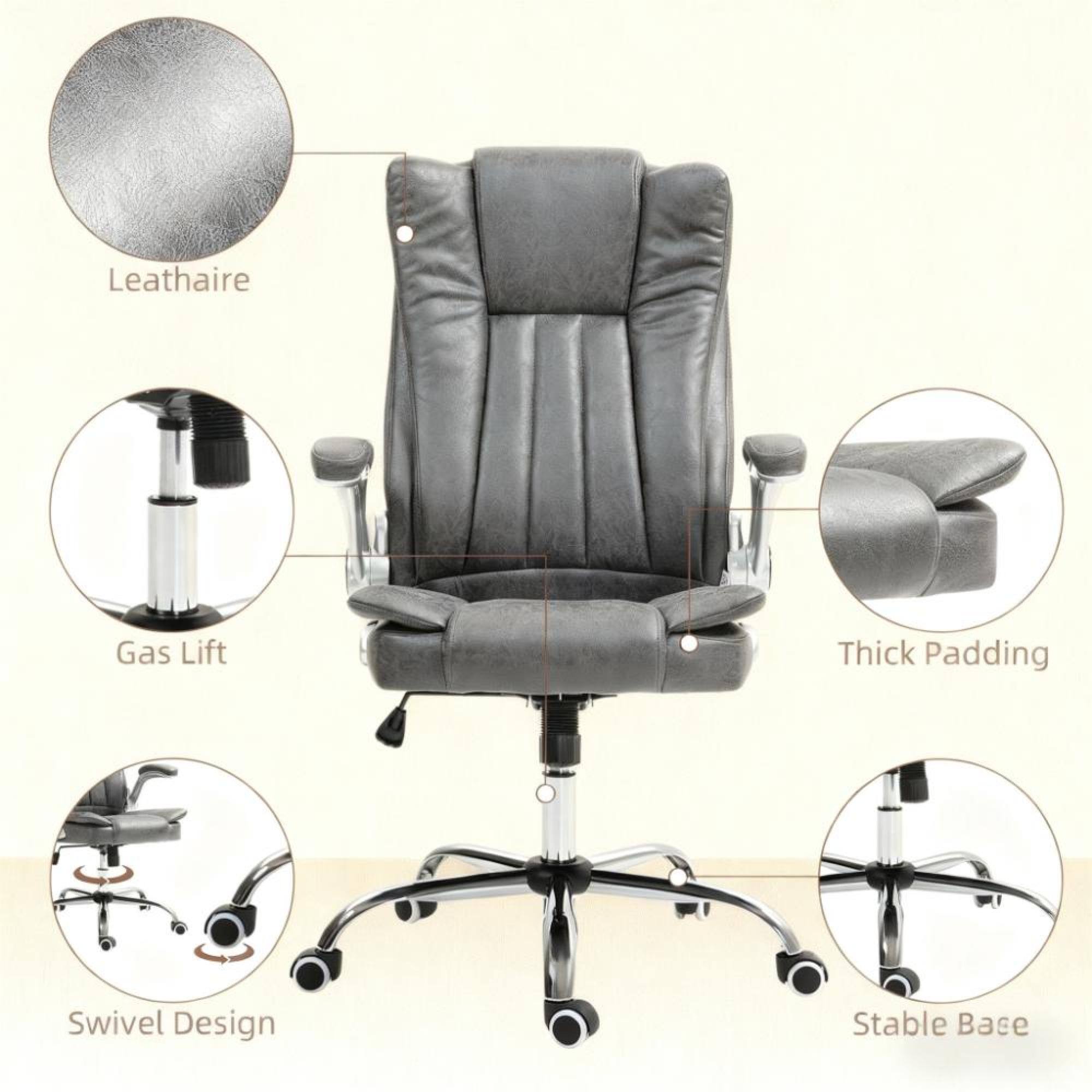 Leathaire  
Gas Lift  
Thick Padding  
Swivel Design  
Stable Base