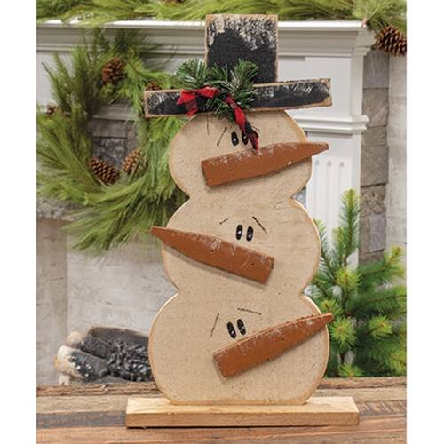 BreeBe Rustic Wood Stacked Snowman Trio w/Top Hat on Base 24.5