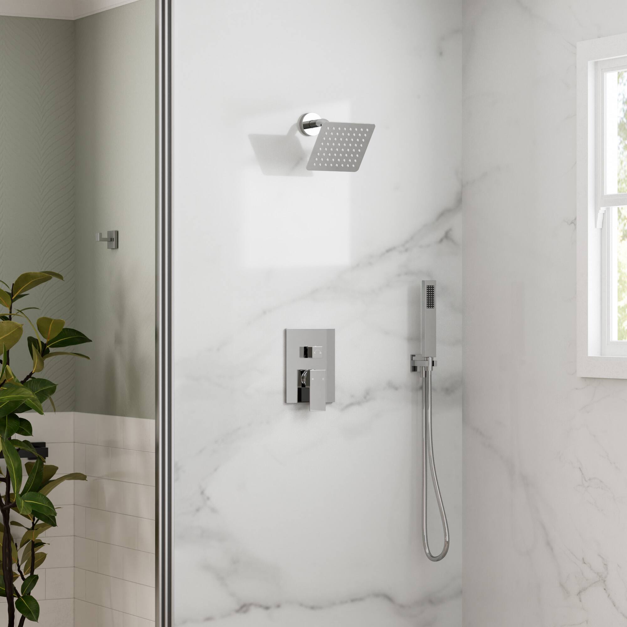 Angle. GRANDJOY - 10" Rain Shower System with Handheld Shower Head and Single Handle Mixer Valve - Polished Chrome.