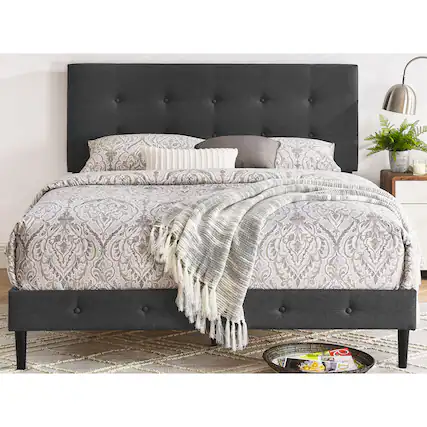 Front. Decoro - DeCoro Cambridge Upholstered Wooden Platform Bed Frame, Queen Size, Dark Grey - Grey.
