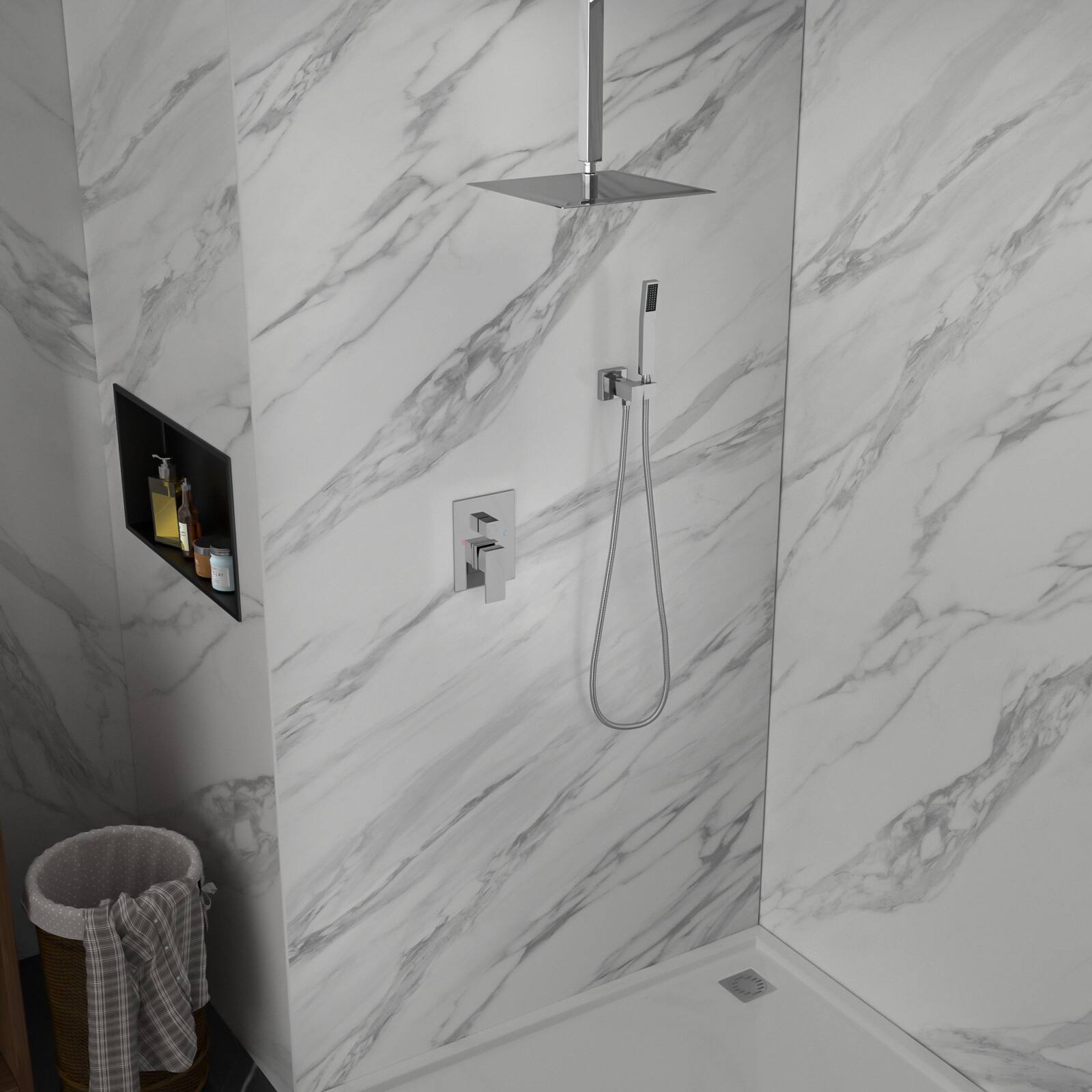 Back. Lordear - Dual Shower Head - 10 Inch Ceiling Mount Square Shower System with Rough-in Valve,Chrome - Chrome.