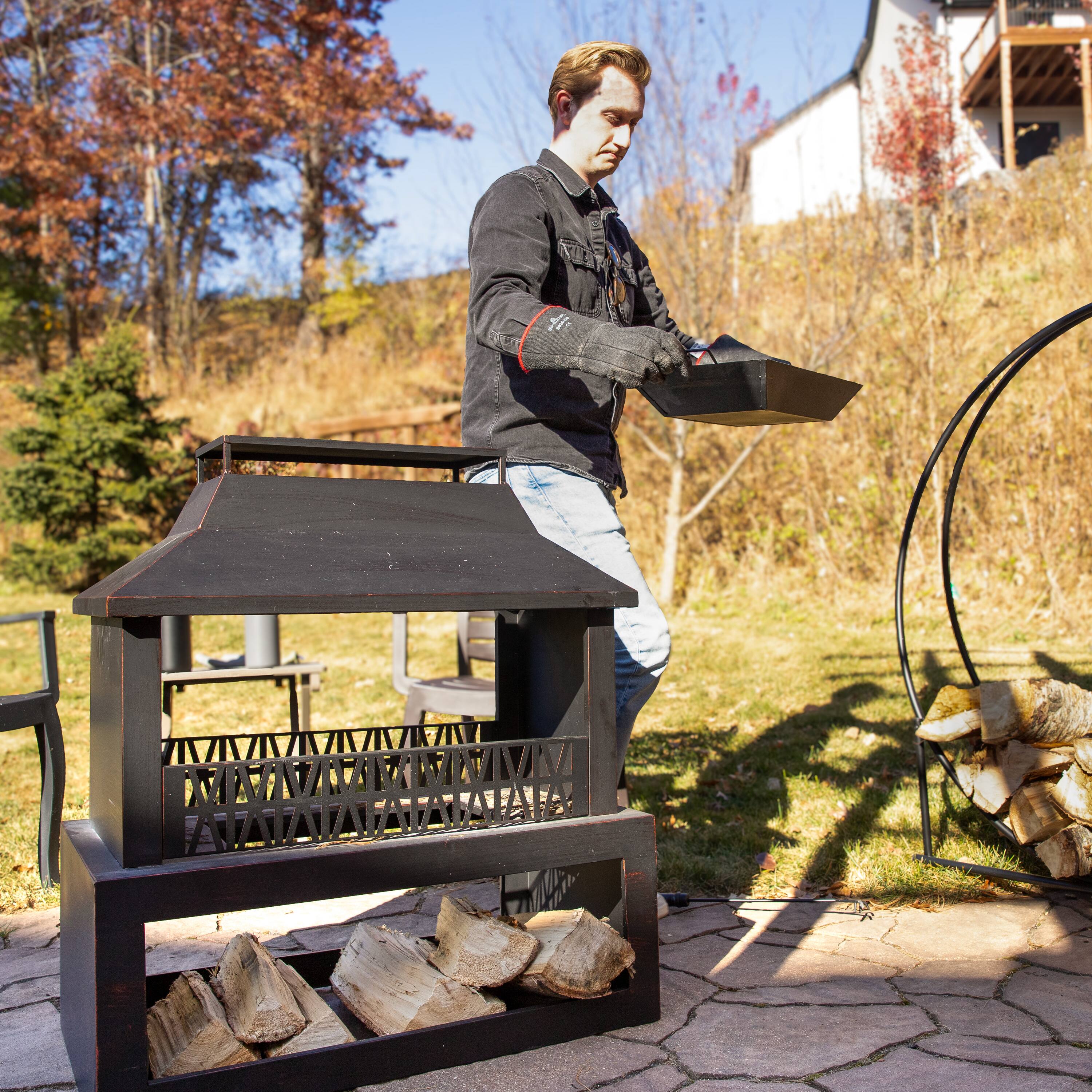 Alt View 5. Sunnydaze - 32 in Steel Outdoor Fireplace with Log Storage - Bronze.