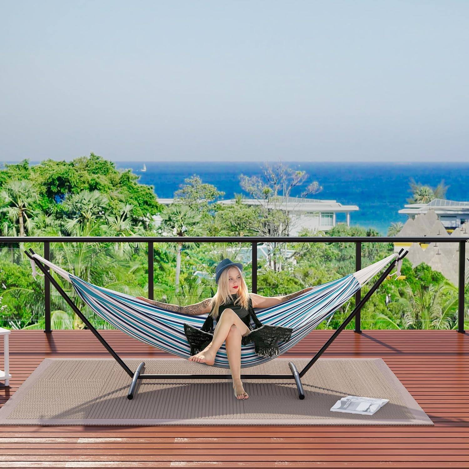 Alt View 3. Homhougo - Double Portable Hammock w/Stand, 450 LB Capacity, Adjustable Chair, Outdoor.