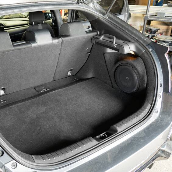 Angle. NVX - BOOST Box Custom Fit 10" 350W RMS Loaded Sealed Subwoofer Enclosure for 2017-2021 Honda Civic and Civic Type R - Black.