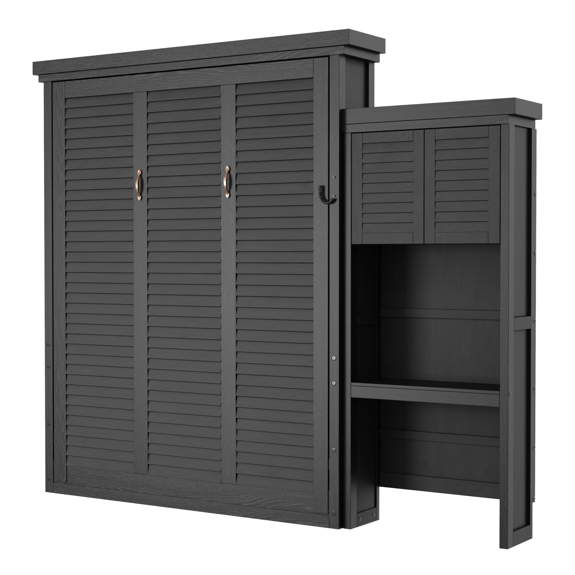 Back. Whisen - Queen Size Murphy Bed, Space-Saving Folding Bed Frame with Integrated Storage Shelves, Louvered Design - Black.