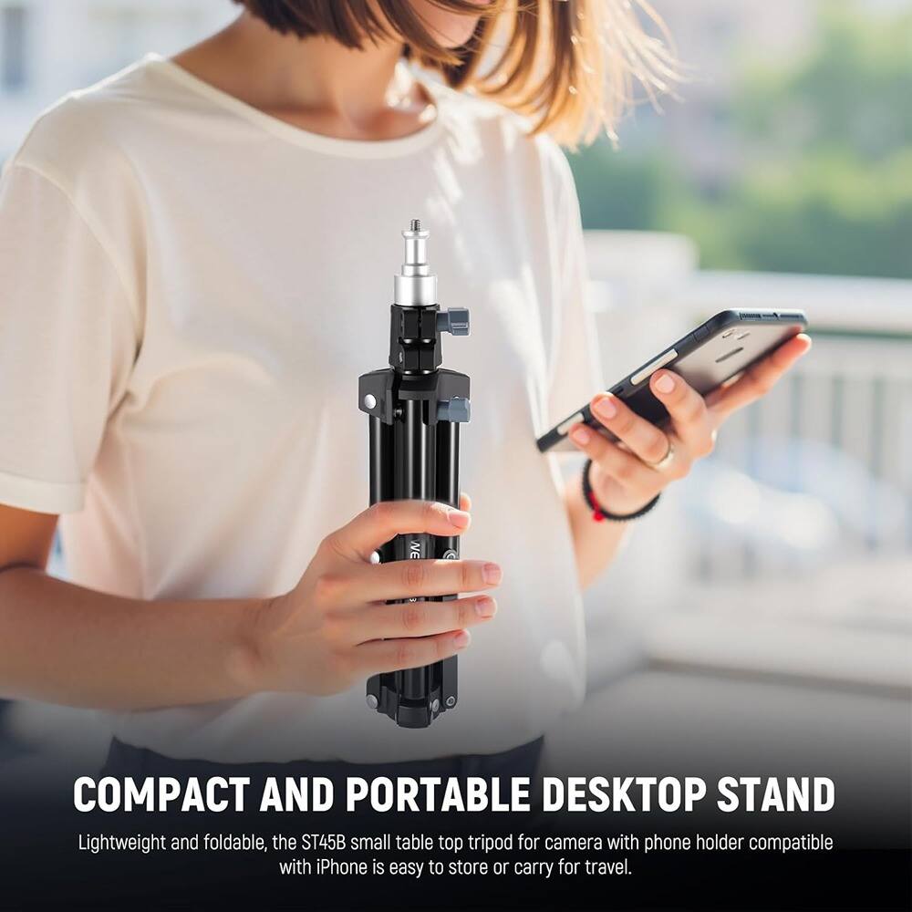 COMPACT AND PORTABLE DESKTOP STAND

Lightweight and foldable, the ST45B small table top tripod for camera with phone holder compatible with iPhone is easy to store or carry for travel.