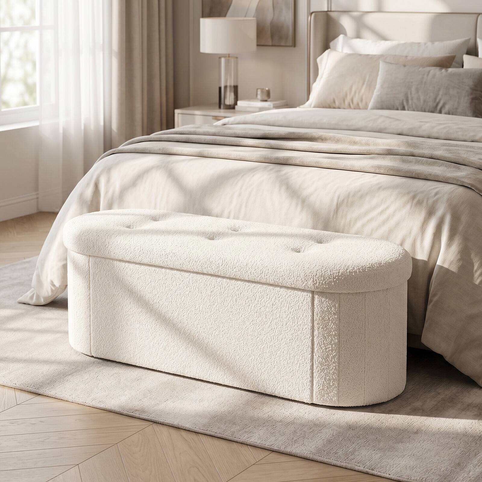 Alt View 1. Costway - Costway Storage Ottoman Bench 43" Oval Ottoman with Dividers Folding Teddy Boucle Footrest - White.