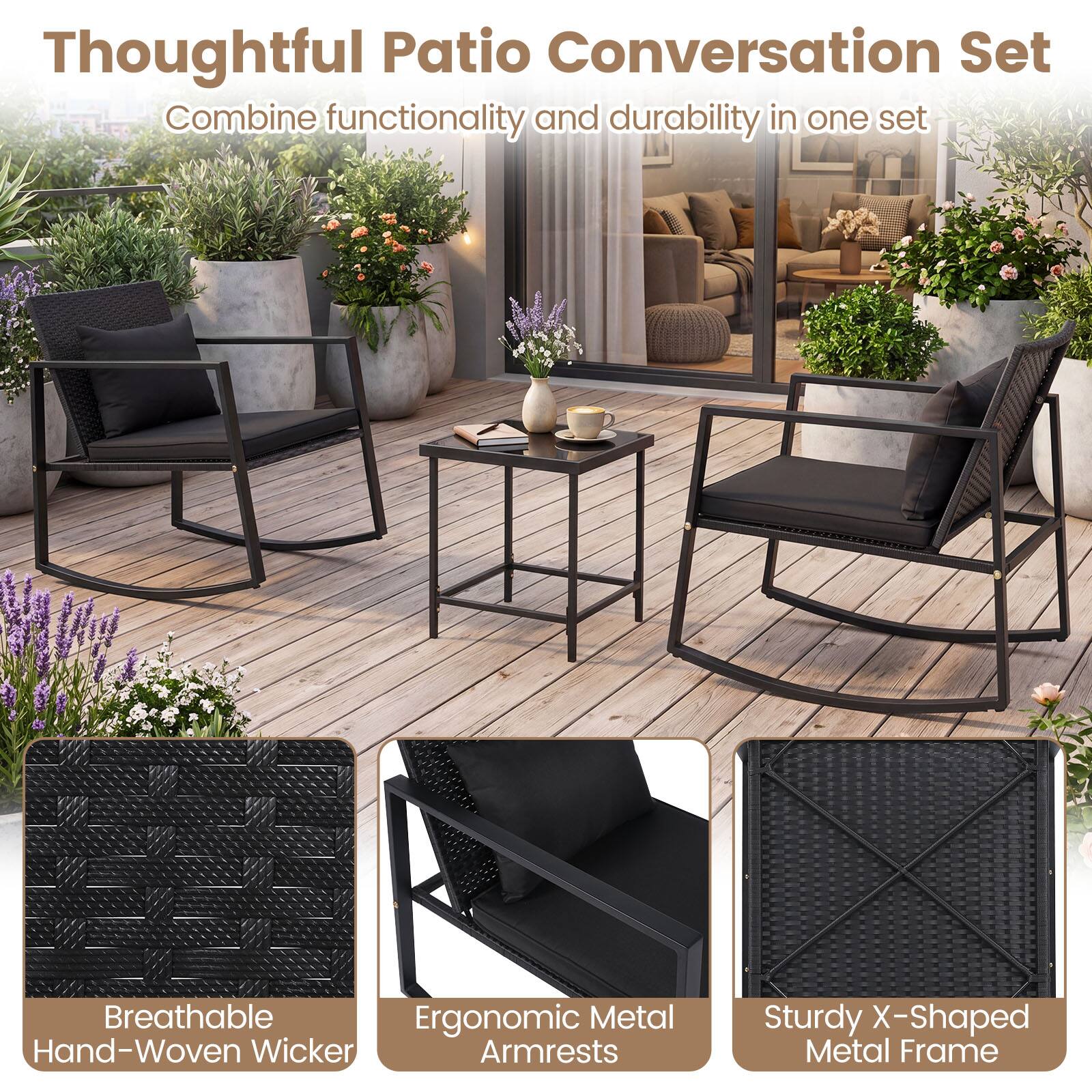 Thoughtful Patio Conversation Set  
Combine functionality and durability in one set  

Breathable Hand-Woven Wicker  
Ergonomic Metal Armrests  
Sturdy X-Shaped Metal Frame