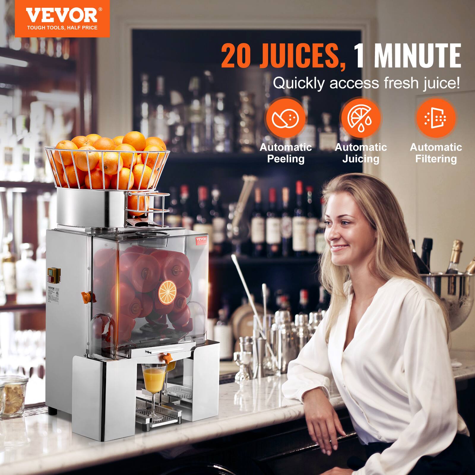 VEVOR  
TOUGH TOOLS, HALF PRICE  

20 JUICES, 1 MINUTE  
Quickly access fresh juice!  

Automatic Peeling  
Automatic Juicing  
Automatic Filtering