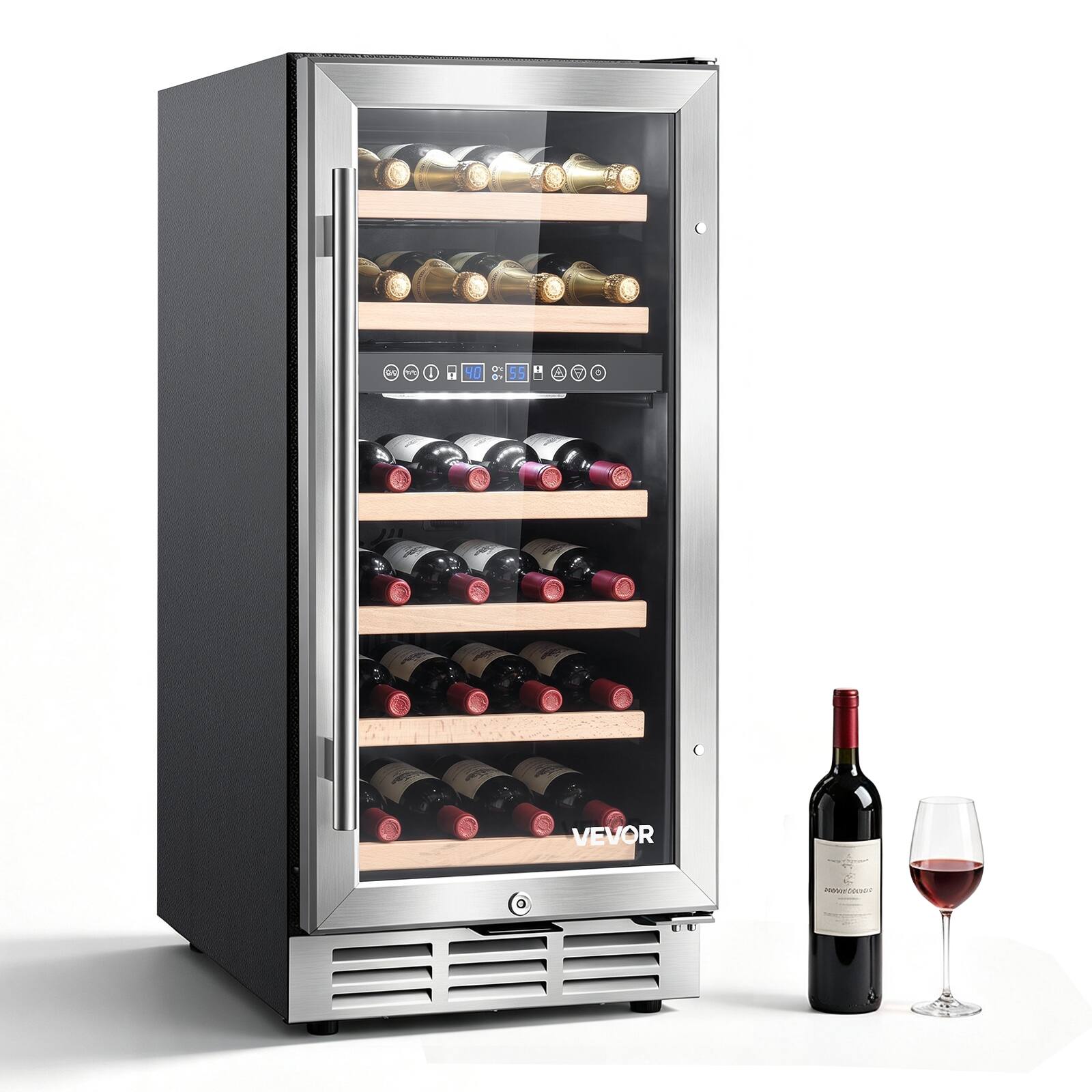 Front. VEVOR - 15 inch Wine Fridge 28-Bottle Wine Cooler Refrigerator for Home Bar, Dual Zone, Built-in or Freestanding Compressor Wine - Black;Silver.