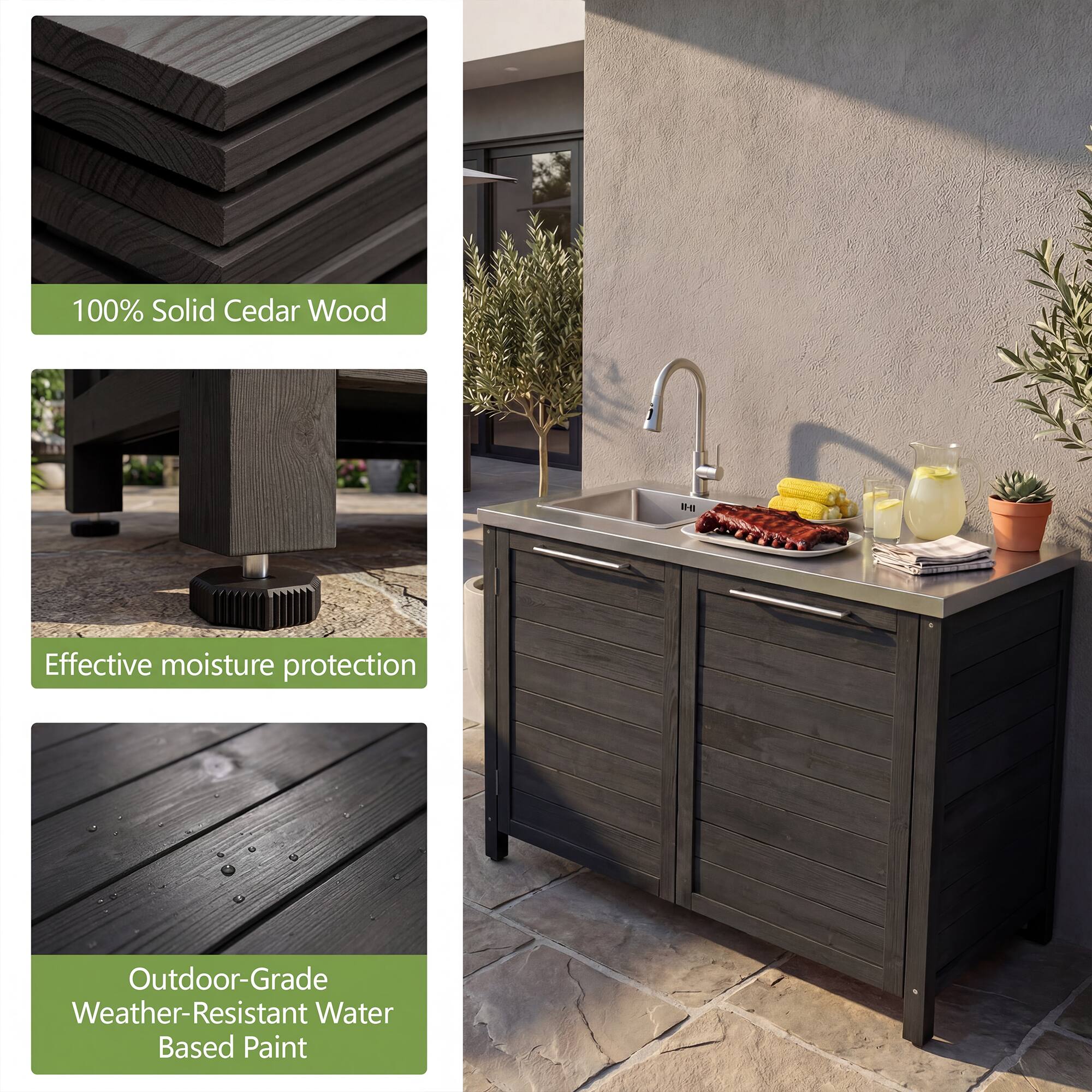 100% Solid Cedar Wood

Effective moisture protection

Outdoor-Grade Weather-Resistant Water Based Paint