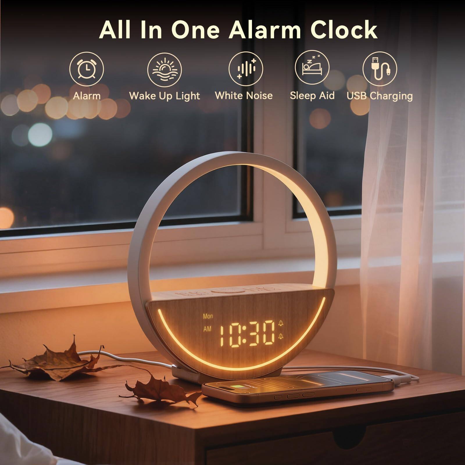 All In One Alarm Clock  
Alarm Wake Up Light White Noise Sleep Aid USB Charging  
Mon AM 10:30