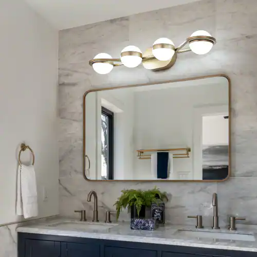 Alt View 1. LUCKY ONE - 28in Wall Mount LED Vanity Light, 4-Light Gold Bathroom Fixture with Crystal Sand Acrylic Shades - Gold.