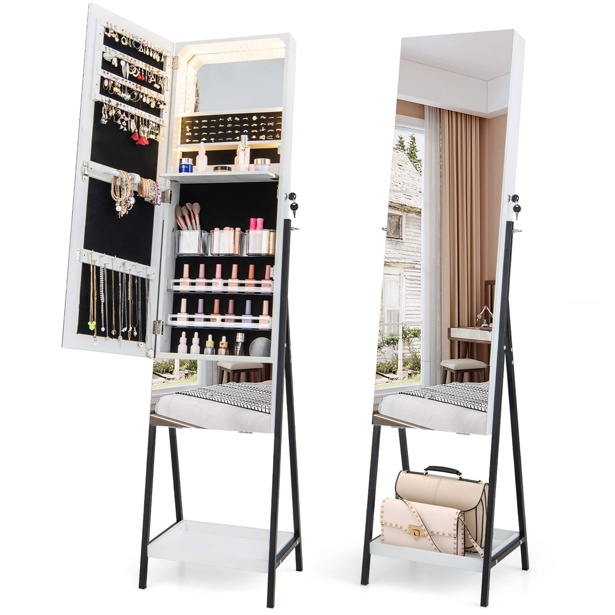 Front. Costway - Costway Jewelry Cabinet Armoire Full-Length Mirror with 3-Color LED Lights & Drawer - White.