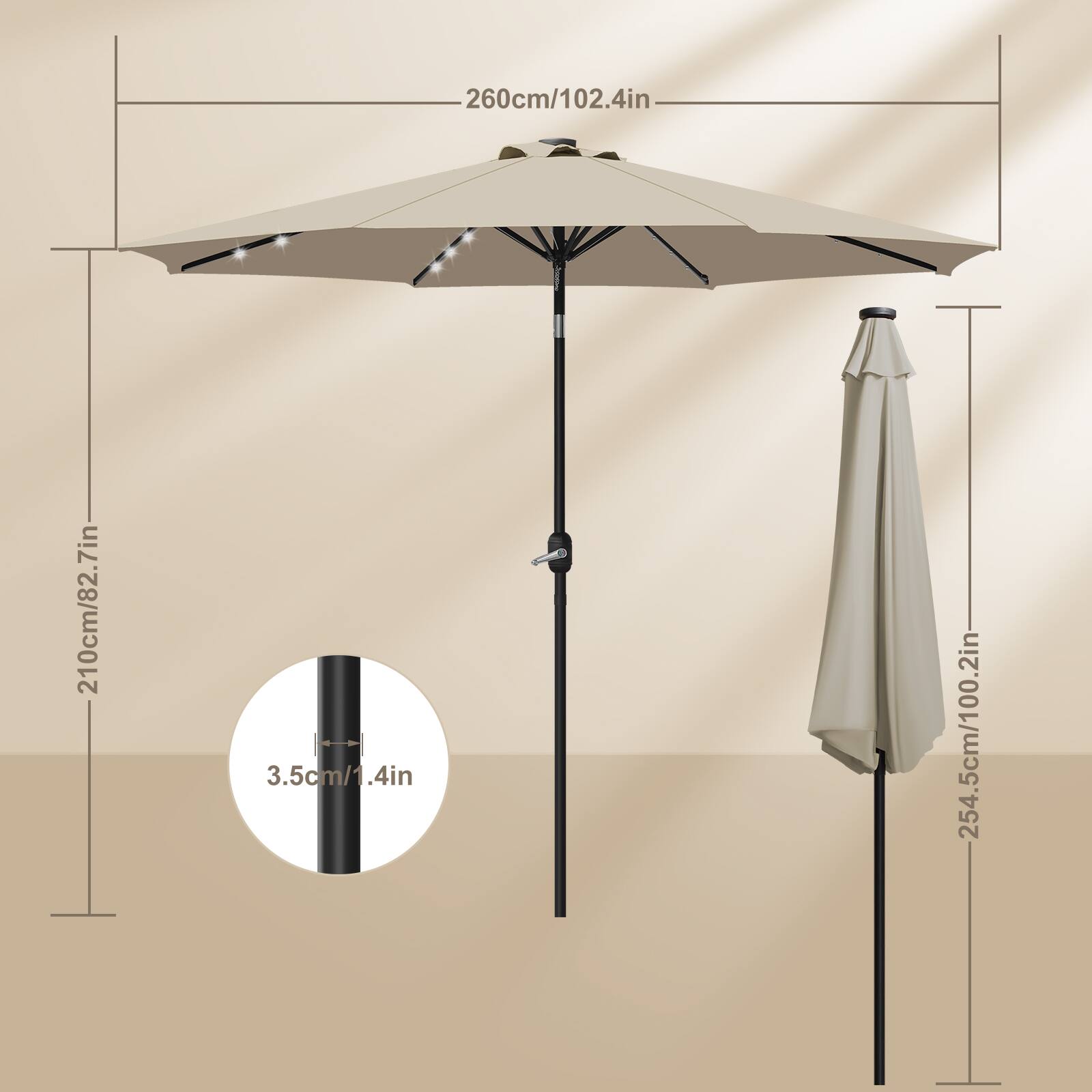 260cm/102.4in  
210cm/82.7in  
3.5cm/1.4in  
254.5cm/100.2in