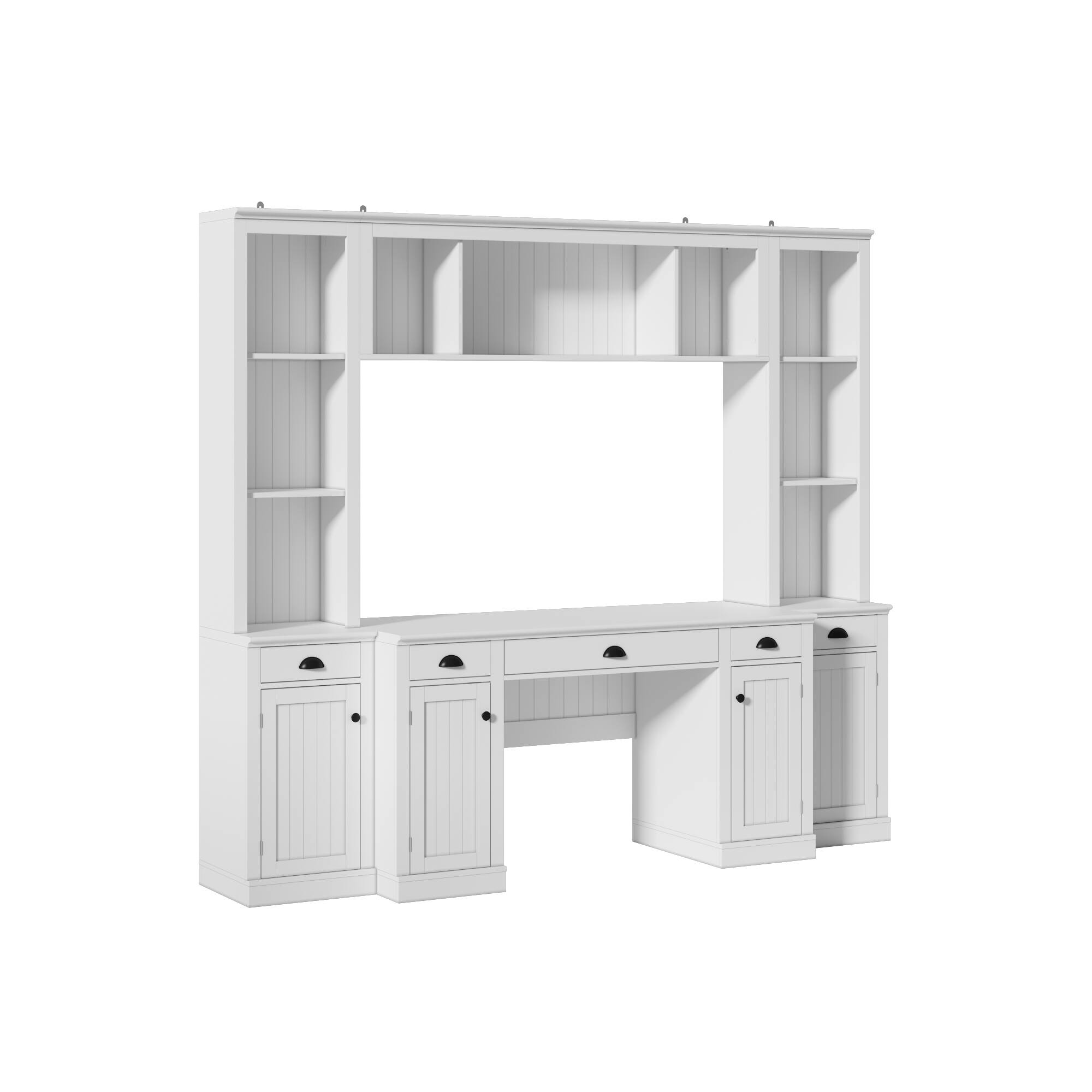 Left. Famapy - All-in-One Wall Bookcase Desk Combo – 5 Drawers, 9 Open Shelves, 8 Closed Compartments for Home Office, Media Room - White.