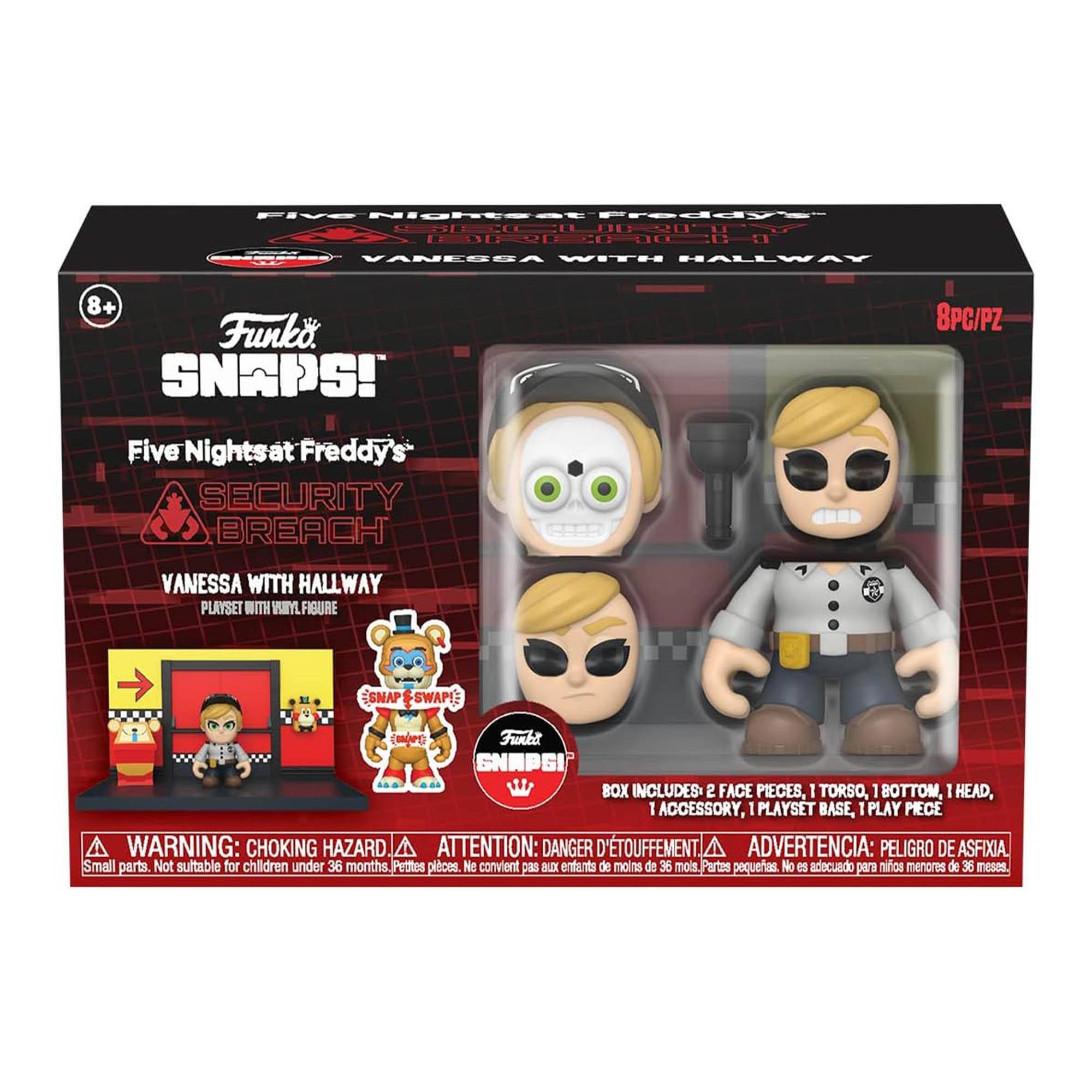 **Five Nights at Freddy's Security Breach**

**Funko Snaps!**

**Vanessa with Hallway Playset with Wnyl Figure**

**8+**

**8PC/PZ**

**Box Includes:**
- 2 Face Pieces
- 1 Torso
- 1 Bottom
- 1 Head
- 1 Accessory
- 1 Playset Base
- 1 Play Piece

**Warning: Choking Hazard**
Small parts. Not suitable for children under 36 months.

**Attention: Danger d'Étouffement**
Petites pièces. Ne convient pas aux enfants de moins de 36 mois.

**Advertencia: Peligro de Asfixia**
Partes pequeñas. No es adecuado para niños menores de 36 meses.
